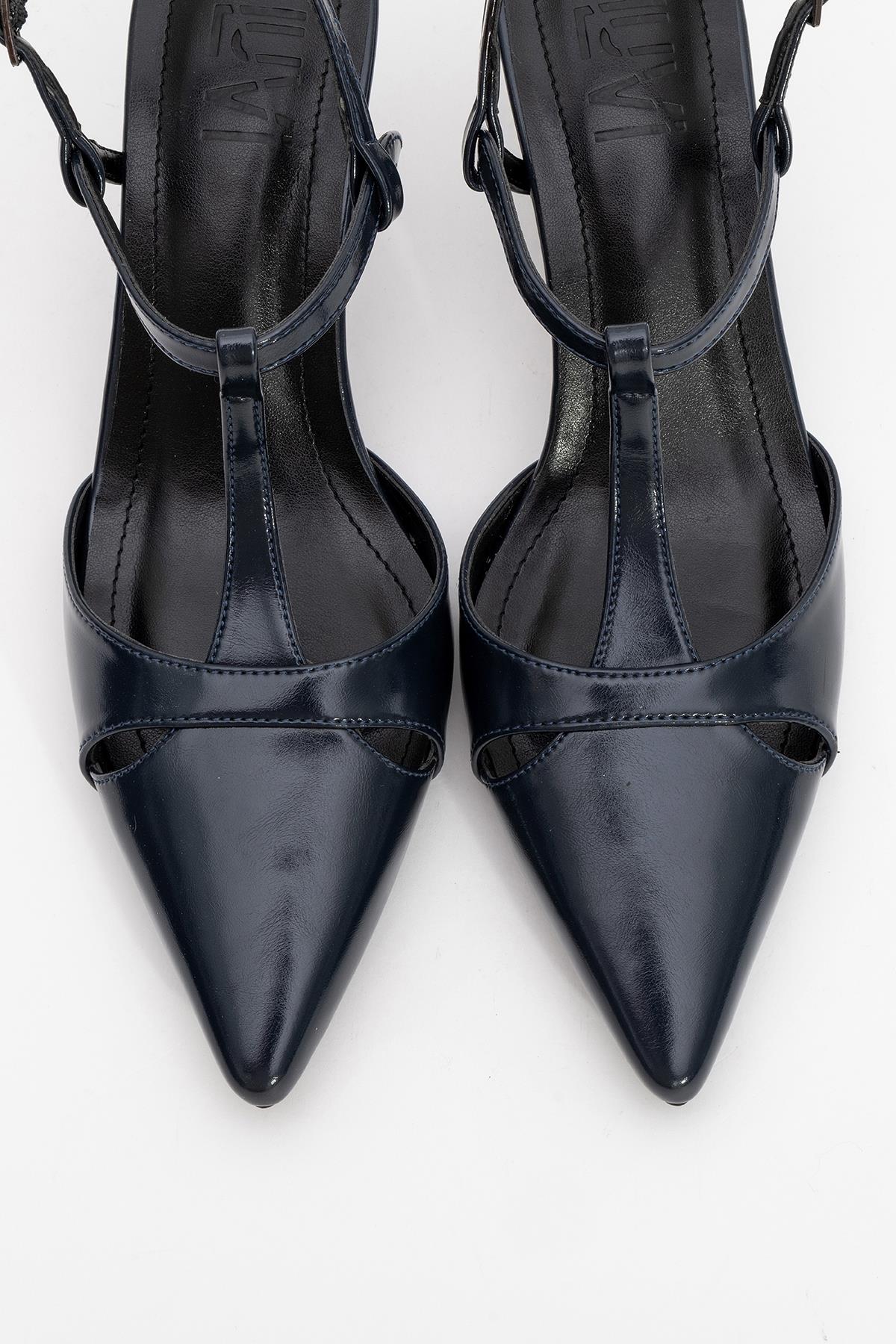 Abelia - Navy Stiletto Pump – side view showing leather, red, Vowalisse