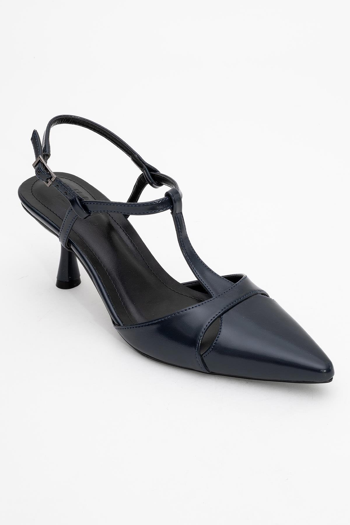 Abelia - Navy Stiletto Pump – detail view showing leather, red, Vowalisse