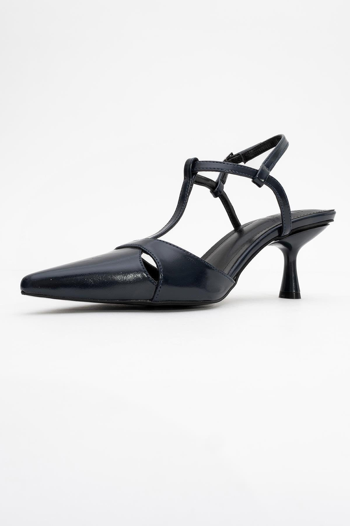 Abelia - Navy Stiletto Pump – heel view showing leather, red, Vowalisse