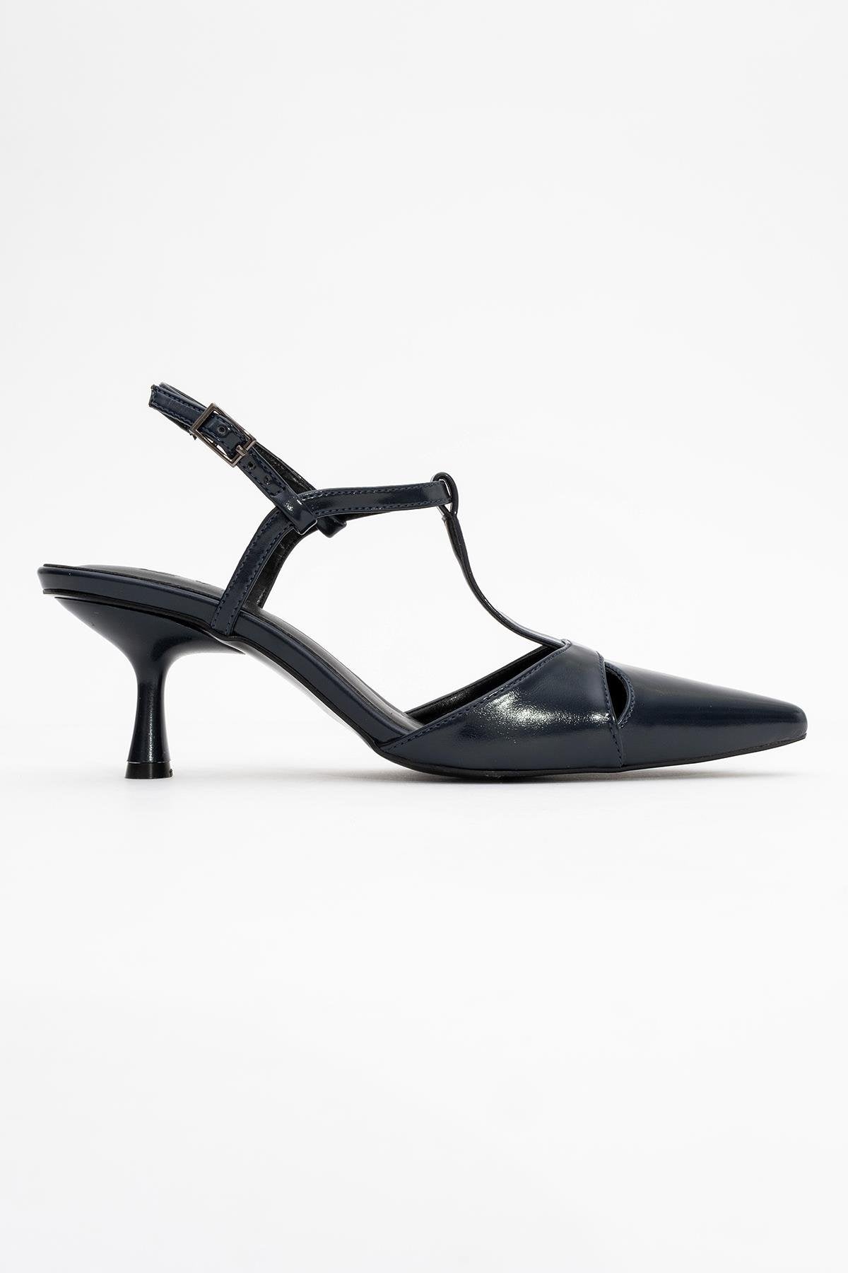 Abelia - Navy Stiletto Pump – top view showing leather, red, Vowalisse