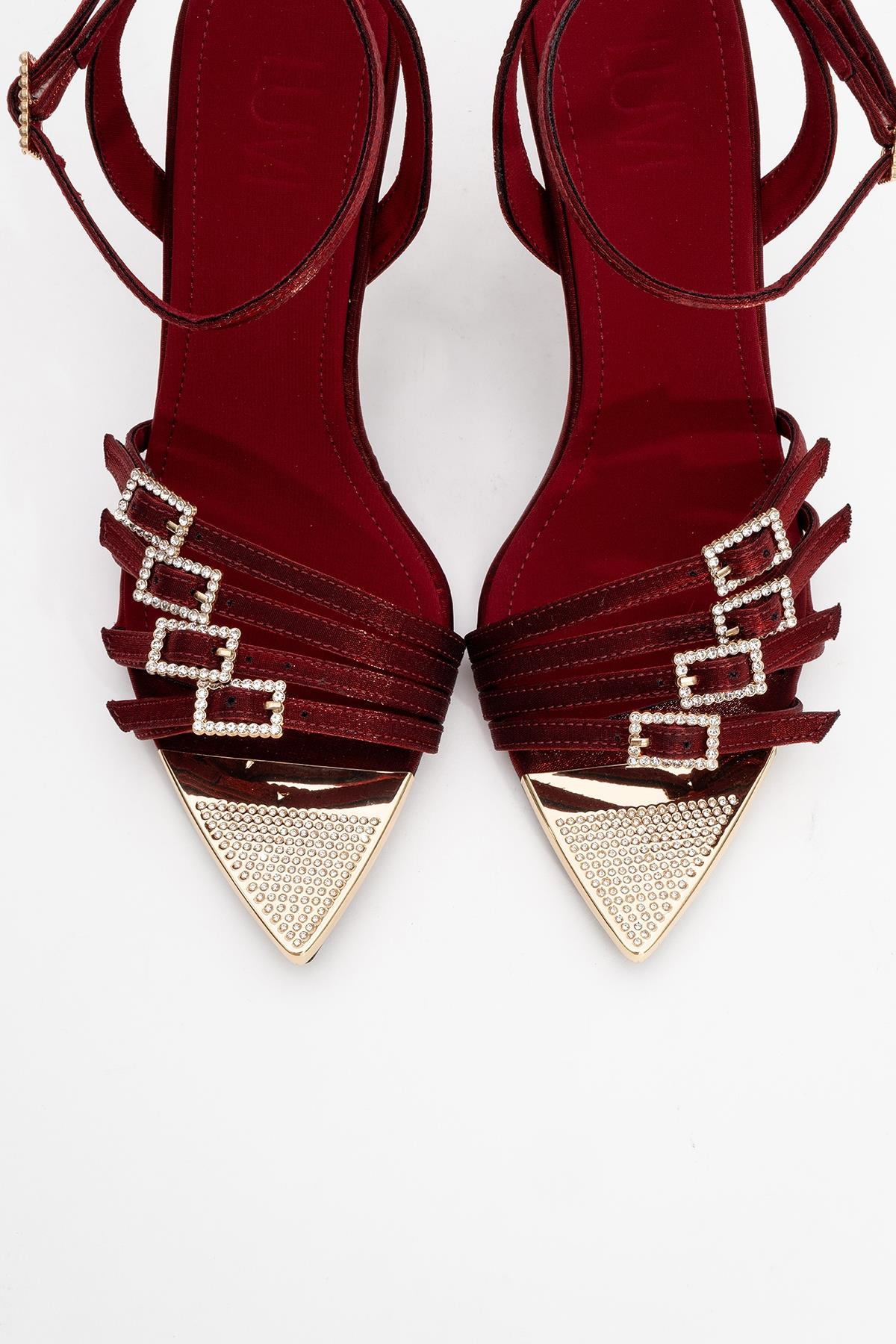 Auro - Burgundy Satin Embellished Buckled High Heel Pump – side view showing satin, metallic, Vowalisse