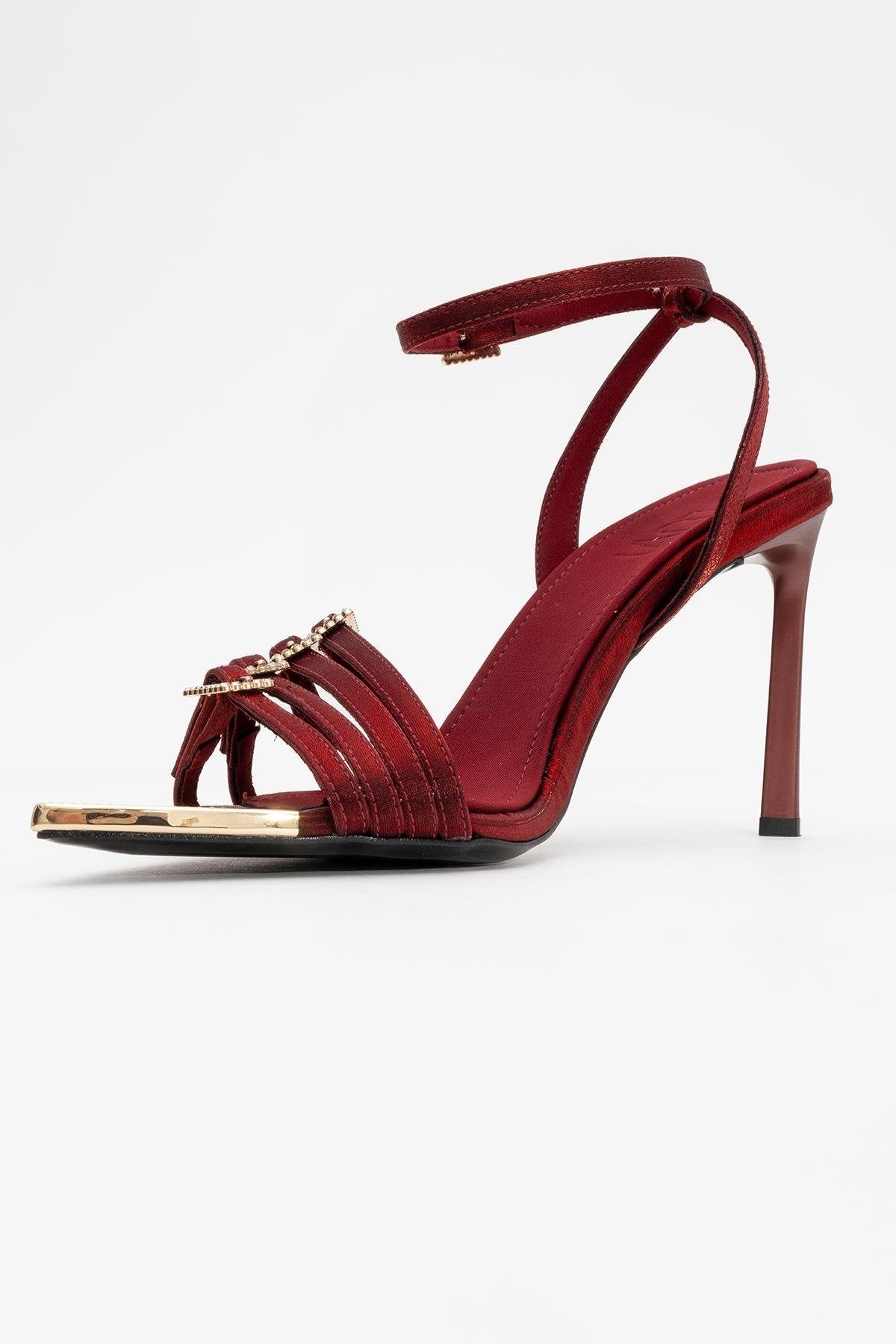 Auro - Burgundy Satin Embellished Buckled High Heel Pump – heel view showing satin, metallic, Vowalisse
