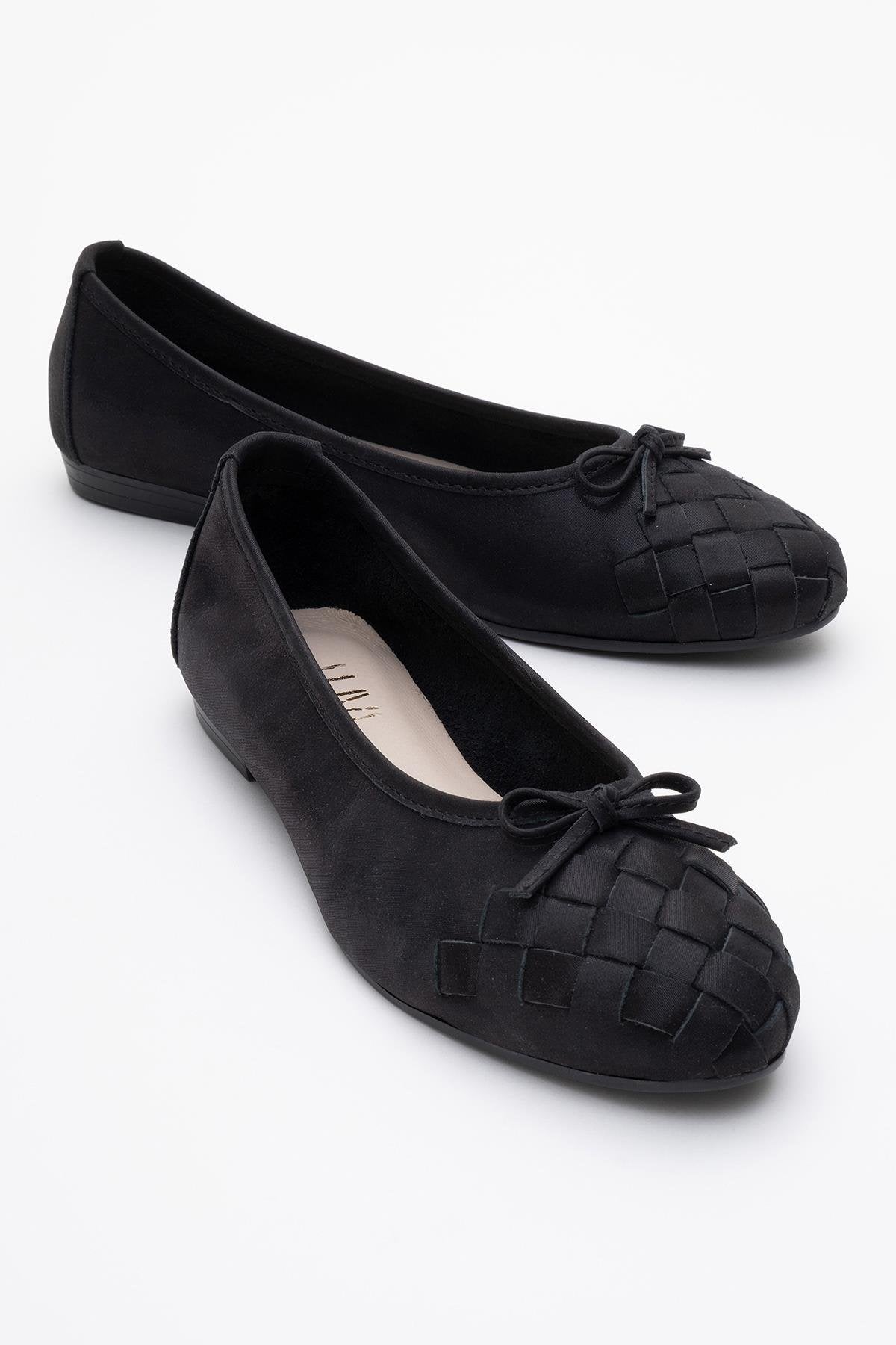 03 - Black Glitter Genuine Leather Ballet Flat – front three-quarter view showing leather, glitter, black, Vowalisse