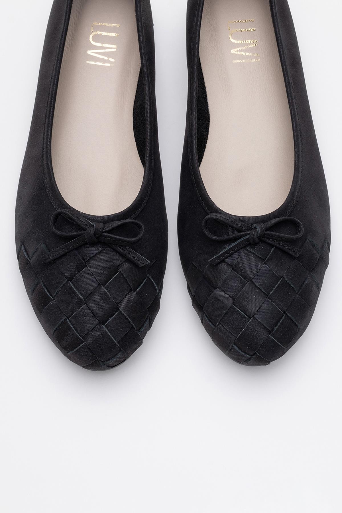 03 - Black Glitter Genuine Leather Ballet Flat – side view showing leather, glitter, black, Vowalisse