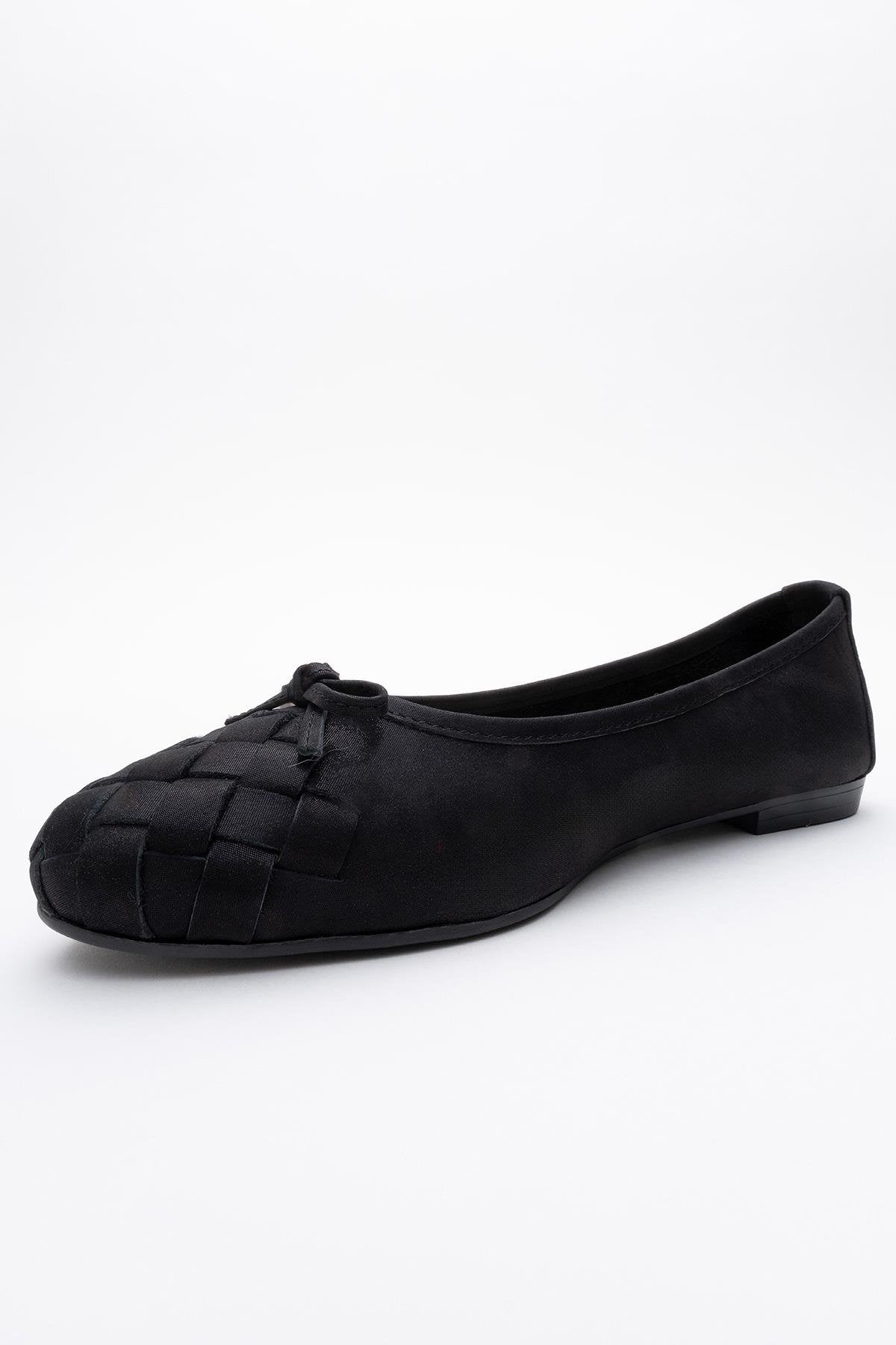 03 - Black Glitter Genuine Leather Ballet Flat – heel view showing leather, glitter, black, Vowalisse