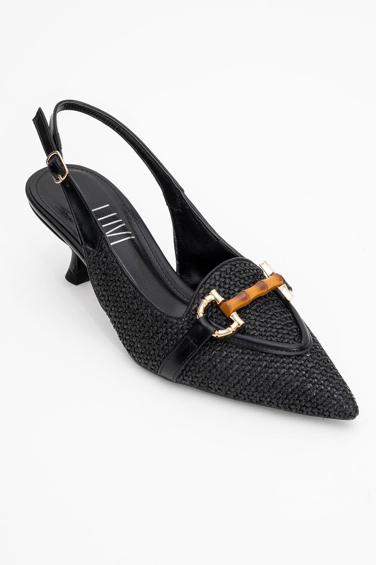 Osca - Black Pointed Toe Buckled Slingback Stiletto Pump – side view showing leather, black, Vowalisse