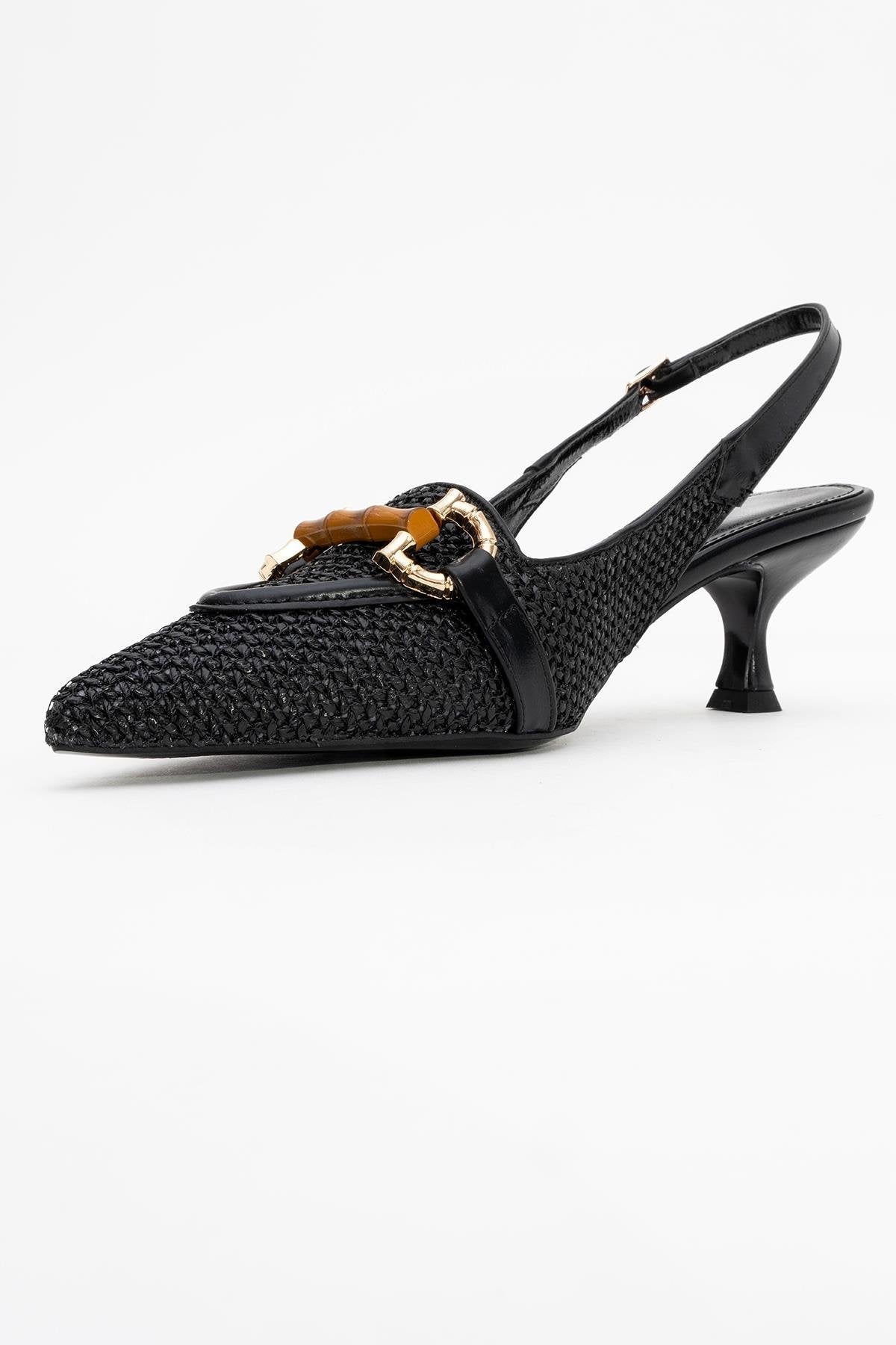 Osca - Black Pointed Toe Buckled Slingback Stiletto Pump – detail view showing leather, black, Vowalisse