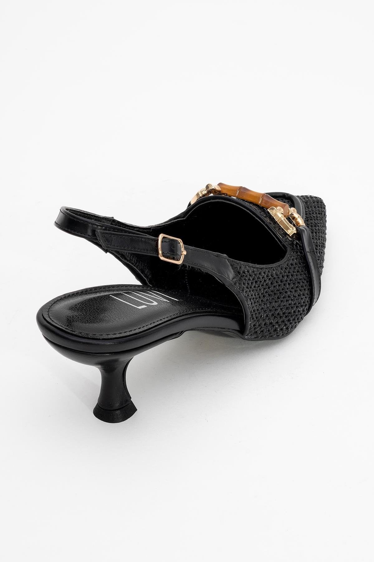 Osca - Black Pointed Toe Buckled Slingback Stiletto Pump – heel view showing leather, black, Vowalisse