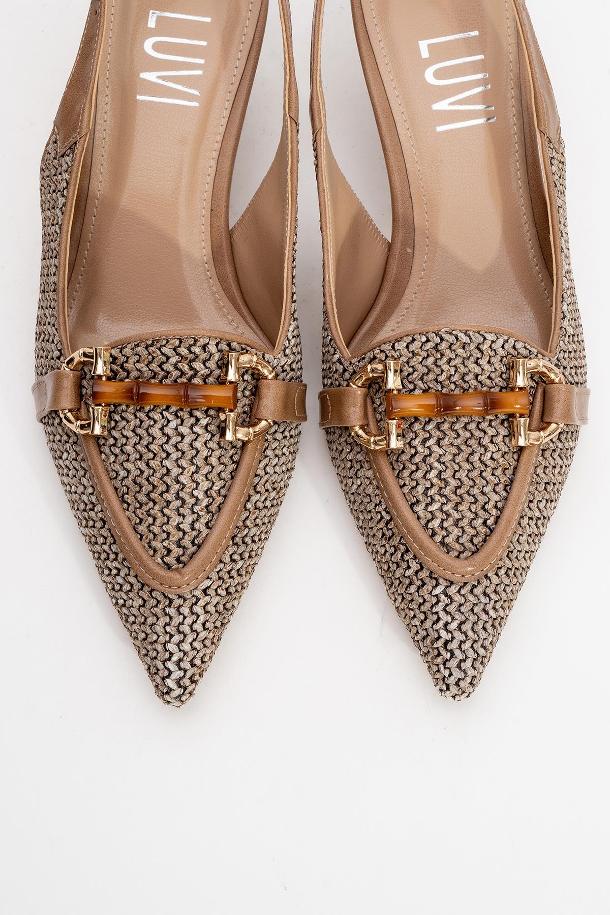 Osca - Dark Beige Raffia Buckle Pointed Toe High Heel – side view showing leather, red, Vowalisse