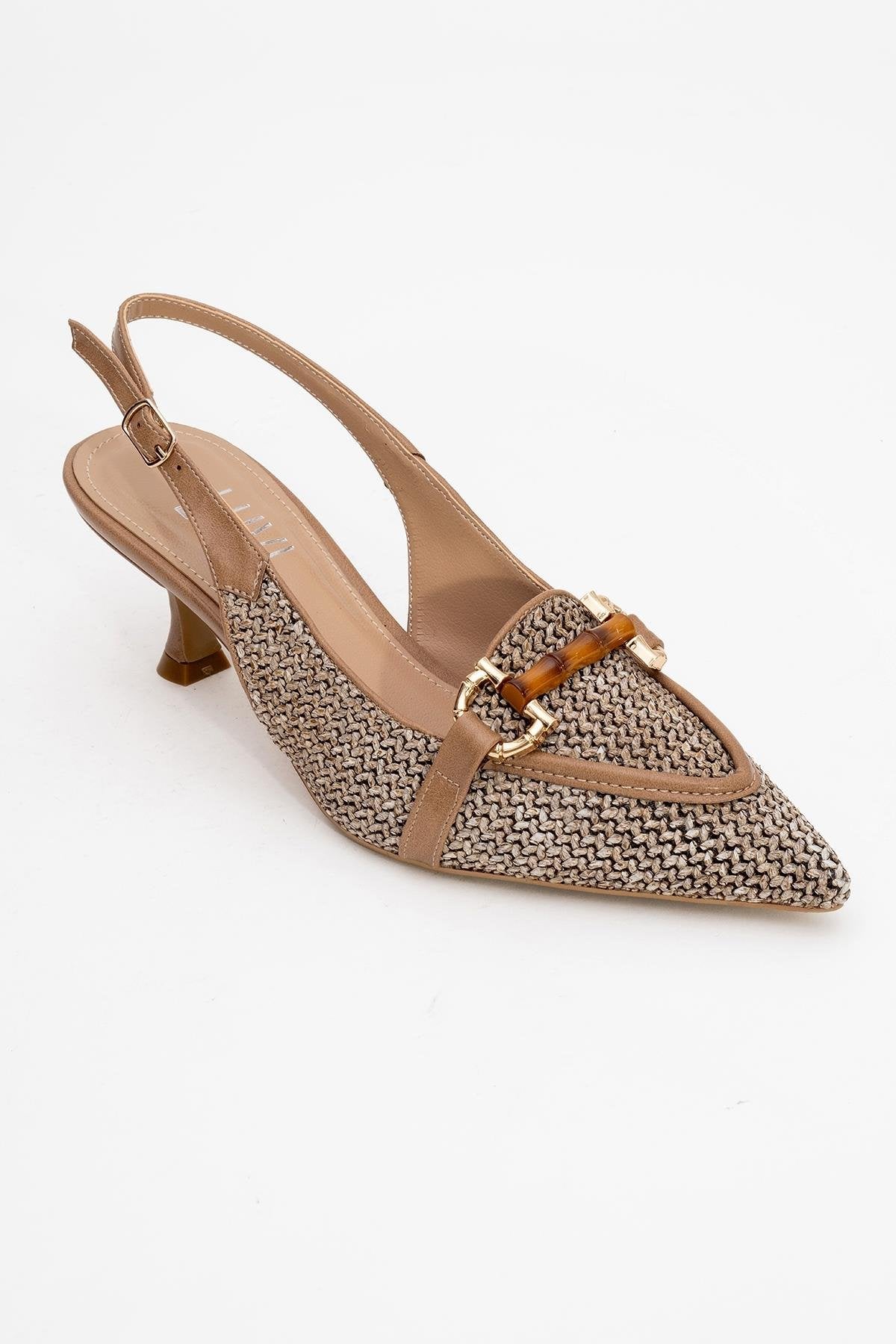 Osca - Dark Beige Raffia Buckle Pointed Toe High Heel – detail view showing leather, red, Vowalisse
