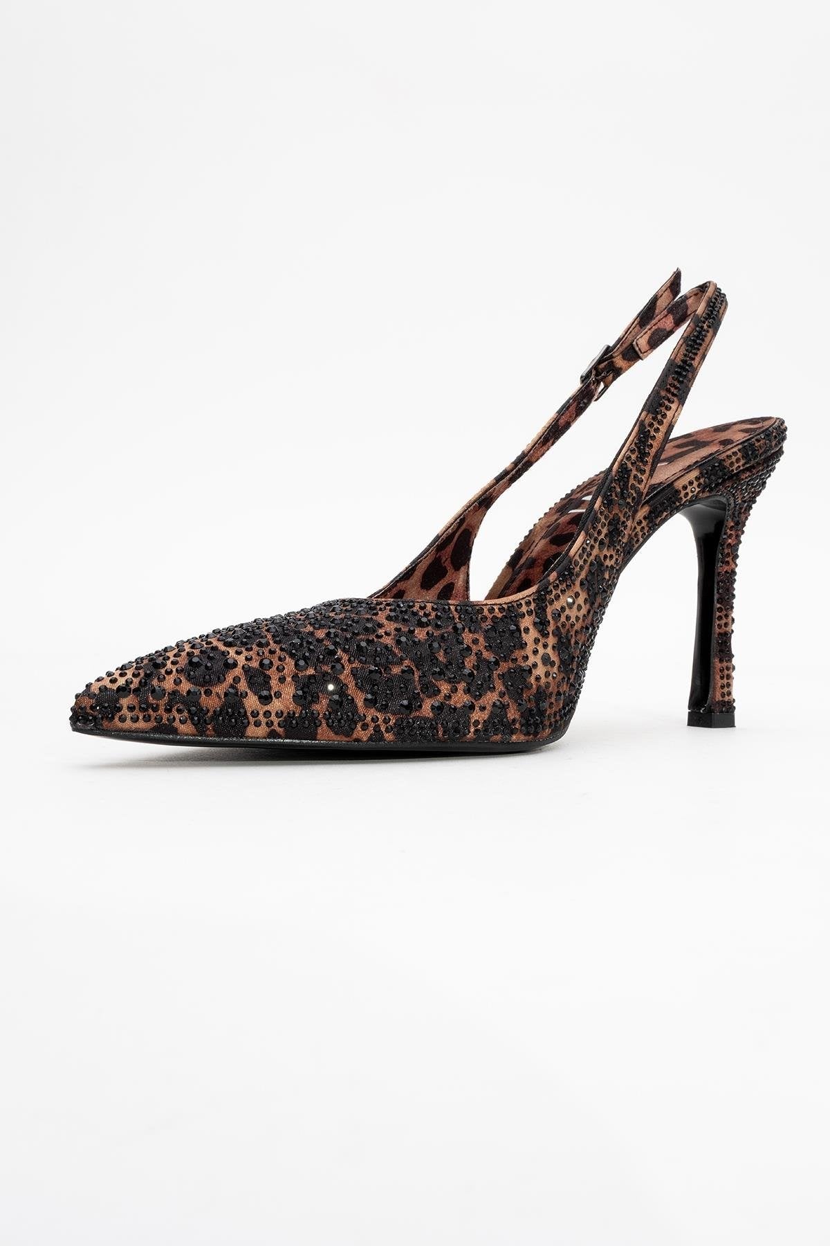 Roya - Black/Yellow Printed Satin Jeweled Pointed Toe Stiletto – heel view showing satin, black, Vowalisse