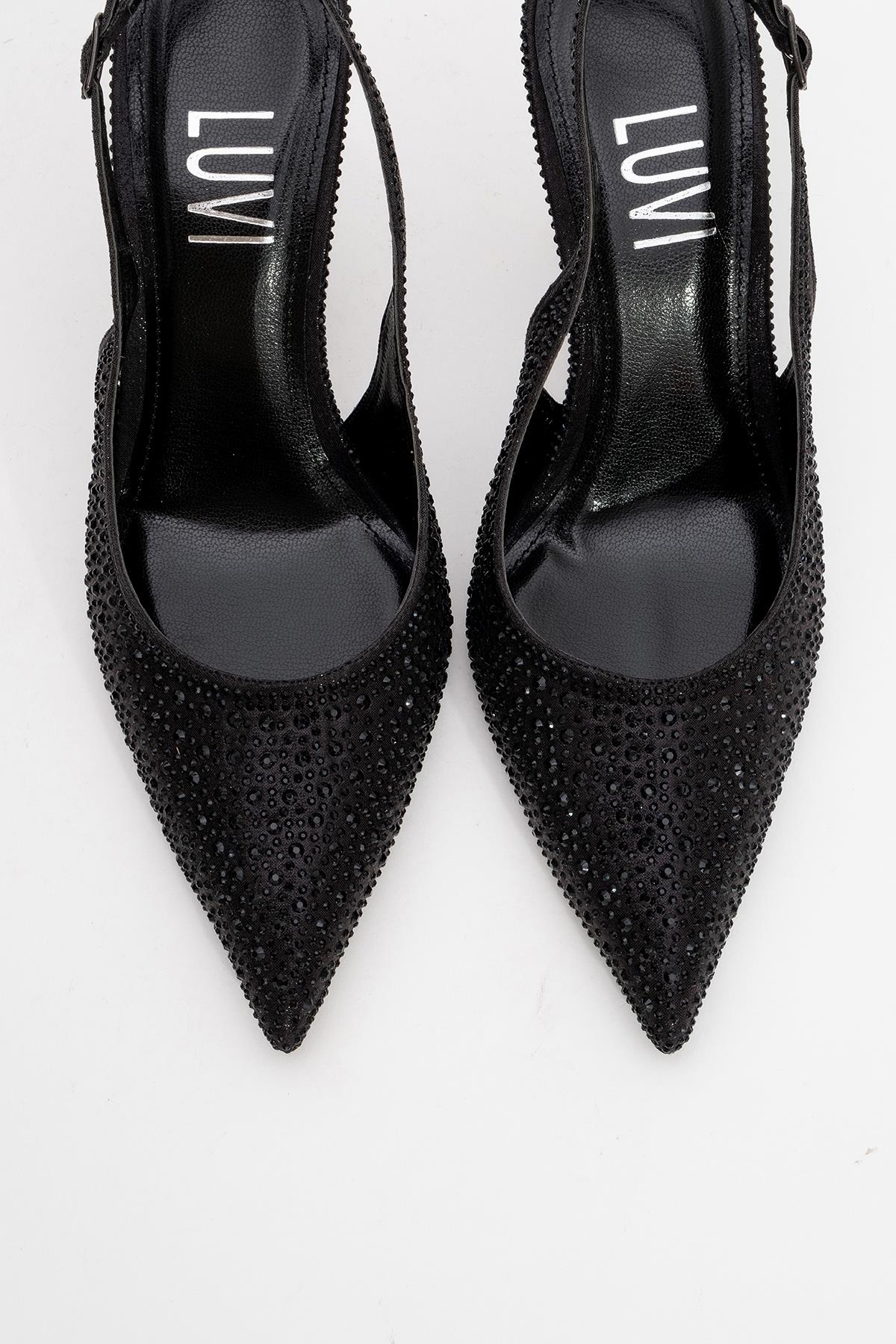 Roya - Black Jeweled Pointed Toe Stiletto – side view showing leather, black, Vowalisse