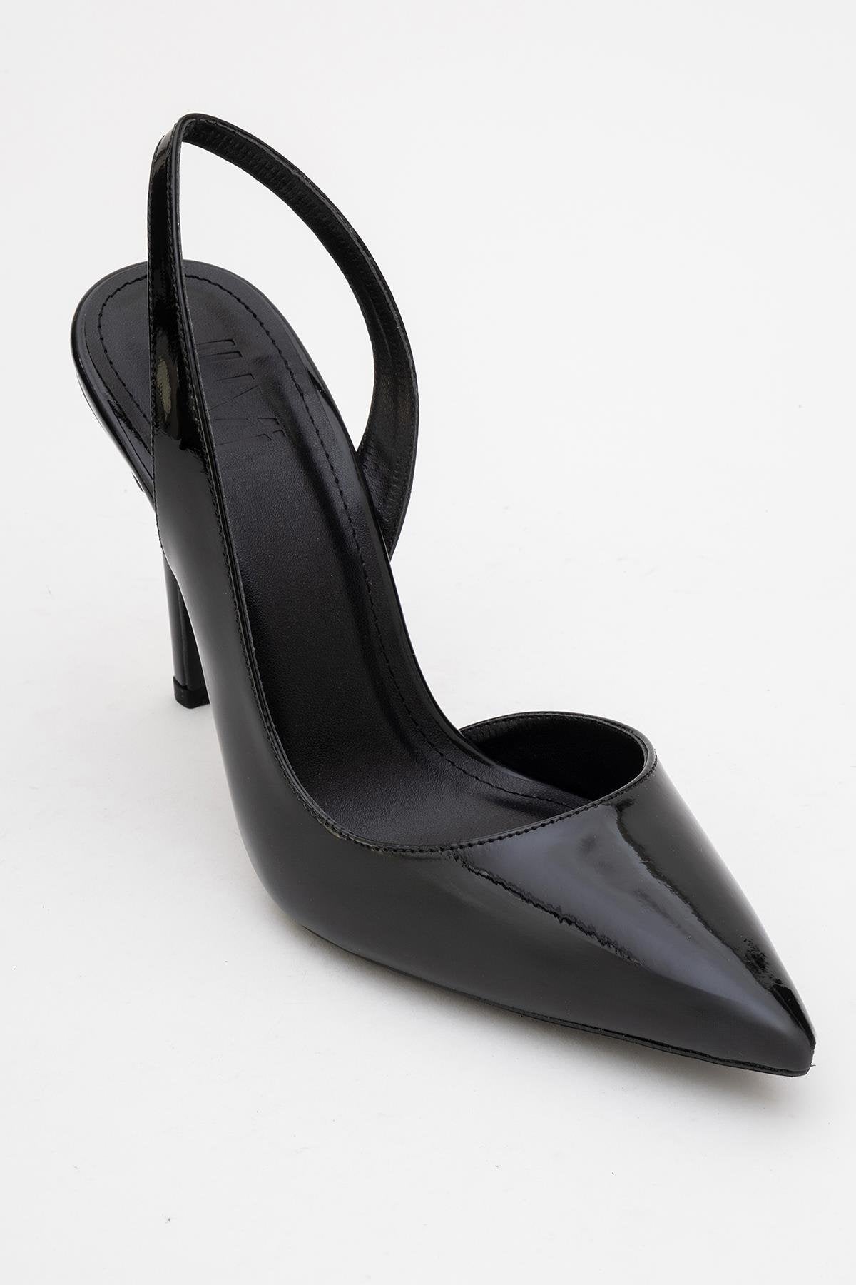 Twine - Black Patent Heeled Shoe – detail view showing leather, black, Vowalisse
