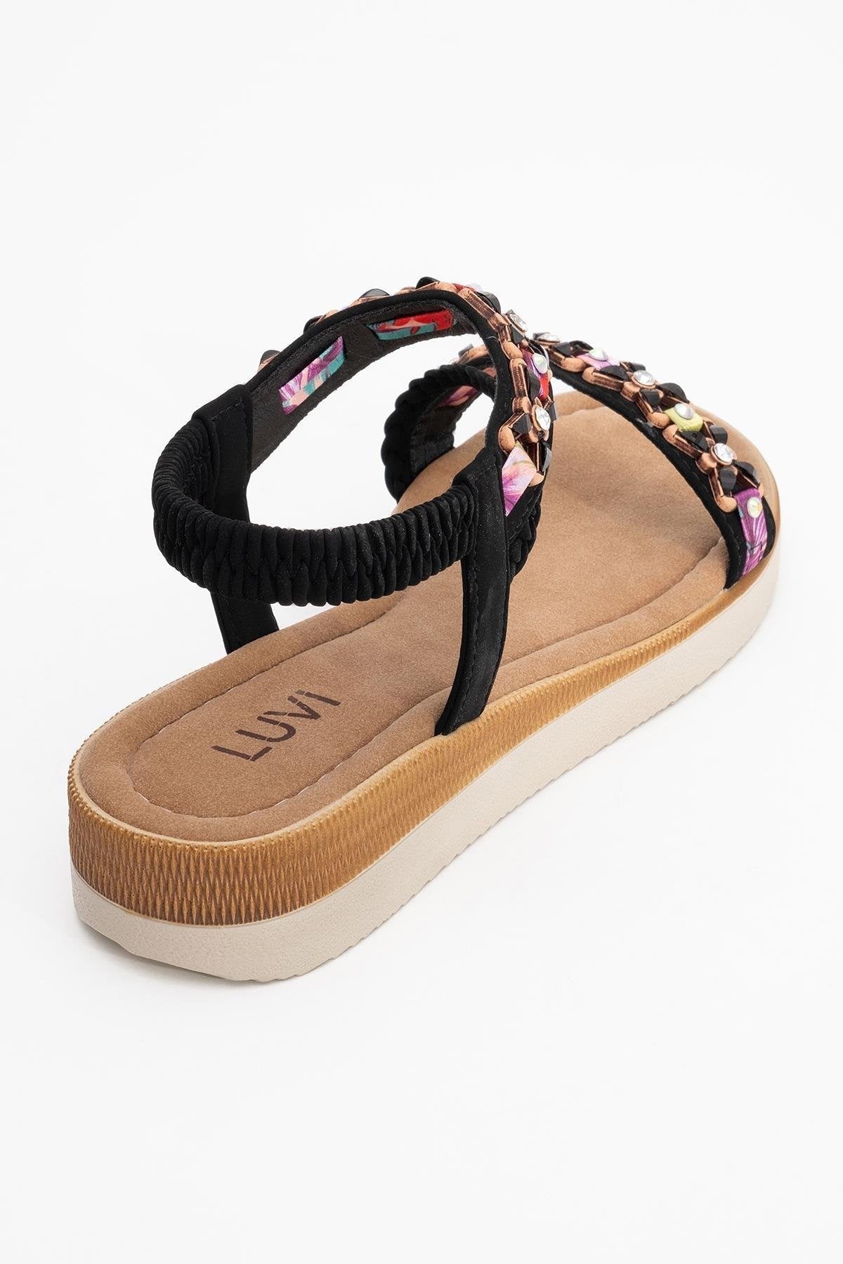 YUAN Black Braided Strap Sandal – back view showing leather, black, Vowalisse