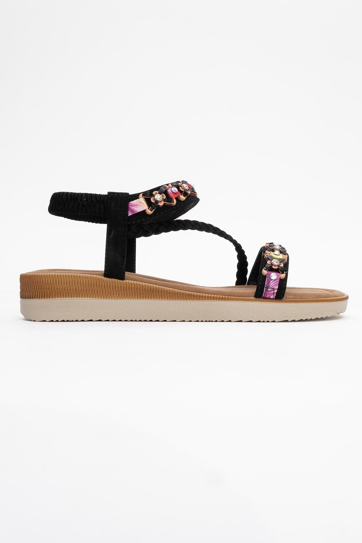 YUAN Black Braided Strap Sandal – top view showing leather, black, Vowalisse