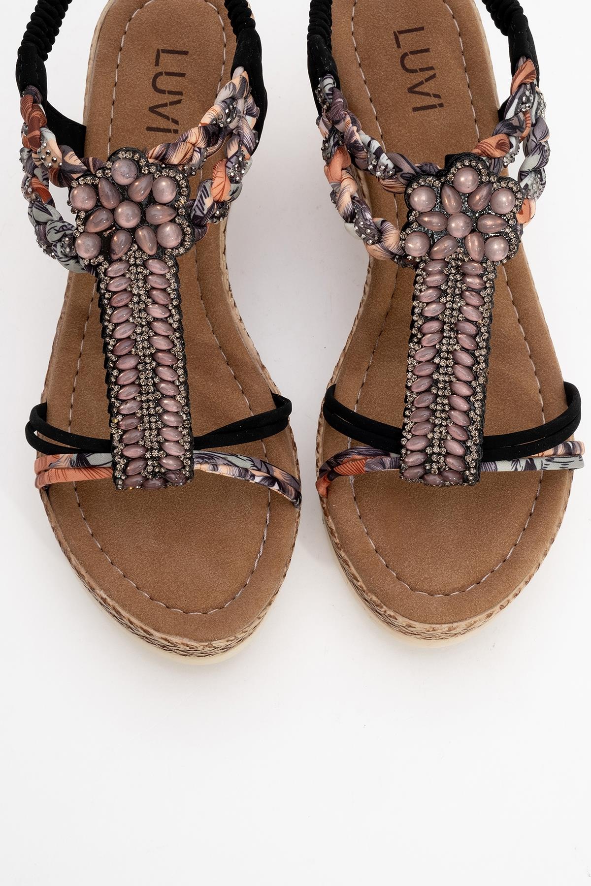 Sogno - Black Rhinestone Espadrille Sandal – side view showing pearl, rhinestone, leather, Vowalisse