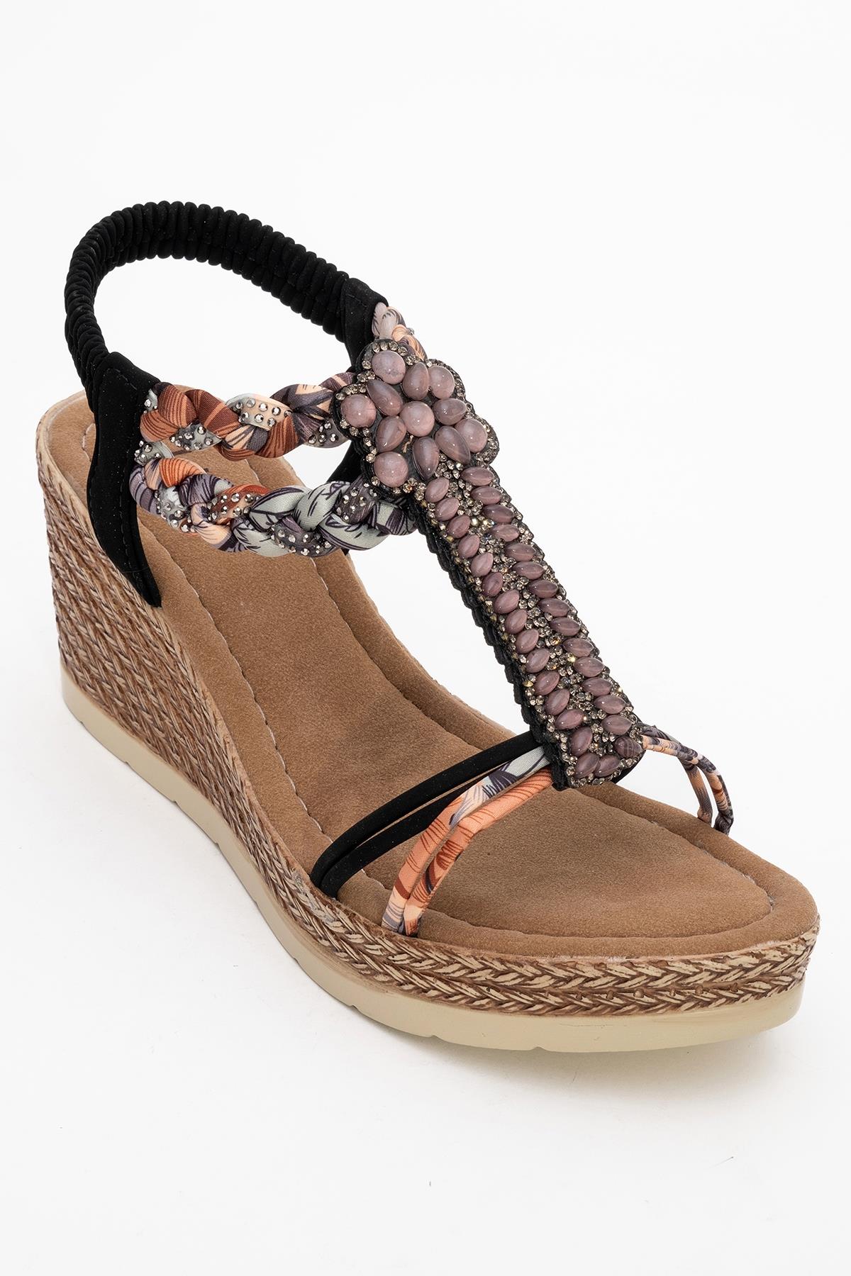Sogno - Black Rhinestone Espadrille Sandal – detail view showing pearl, rhinestone, leather, Vowalisse