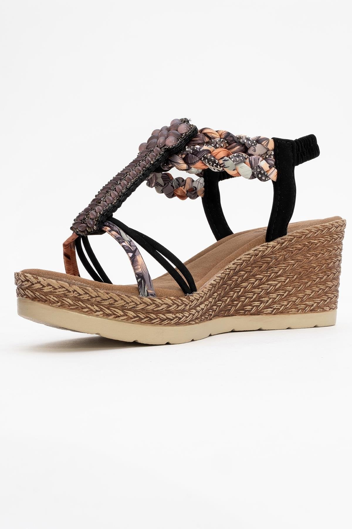 Sogno - Black Rhinestone Espadrille Sandal – heel view showing pearl, rhinestone, leather, Vowalisse