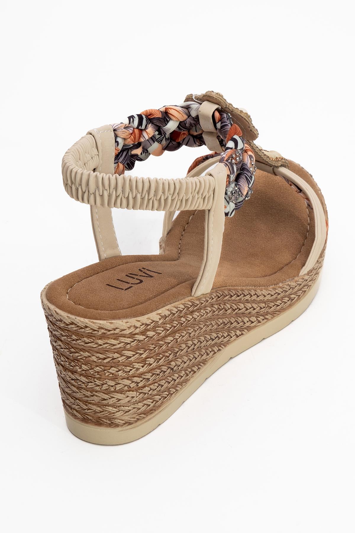 Sogno - Beige Rhinestone Espadrille Sandal – back view showing pearl, rhinestone, leather, Vowalisse