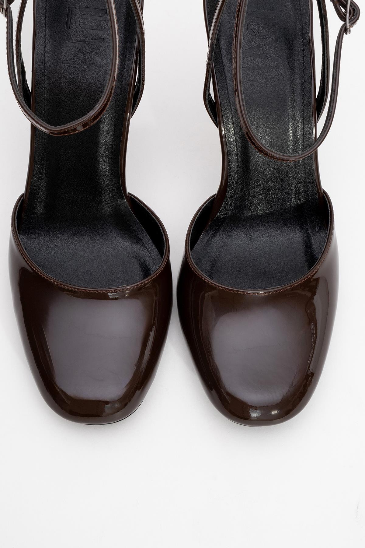 Blues - Brown Patent Round Toe Ankle-Tie High Heel – side view showing leather, blue, Vowalisse