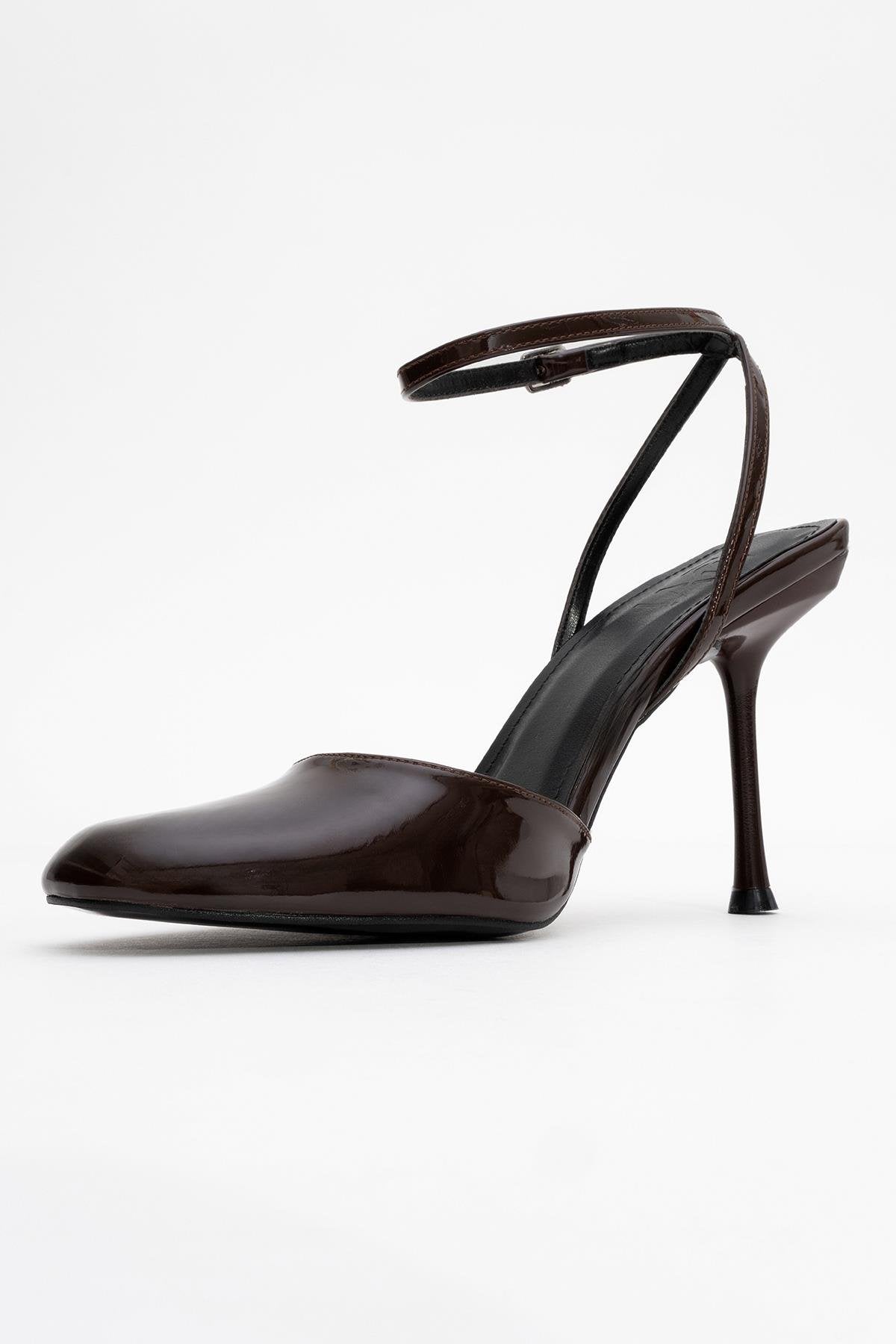 Blues - Brown Patent Round Toe Ankle-Tie High Heel – heel view showing leather, blue, Vowalisse