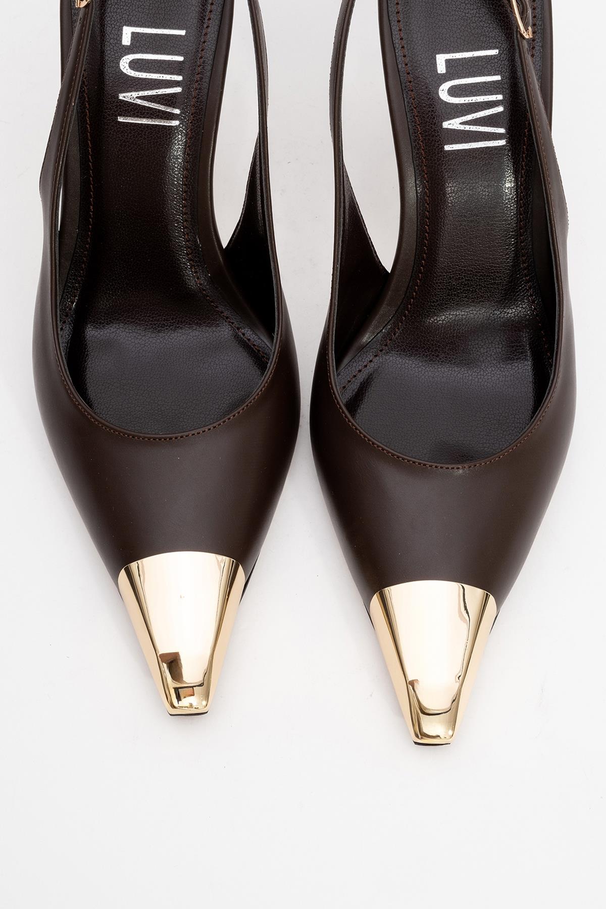 Flare - Brown Gold Detail Heeled Shoe – side view showing leather, metallic, gold, Vowalisse