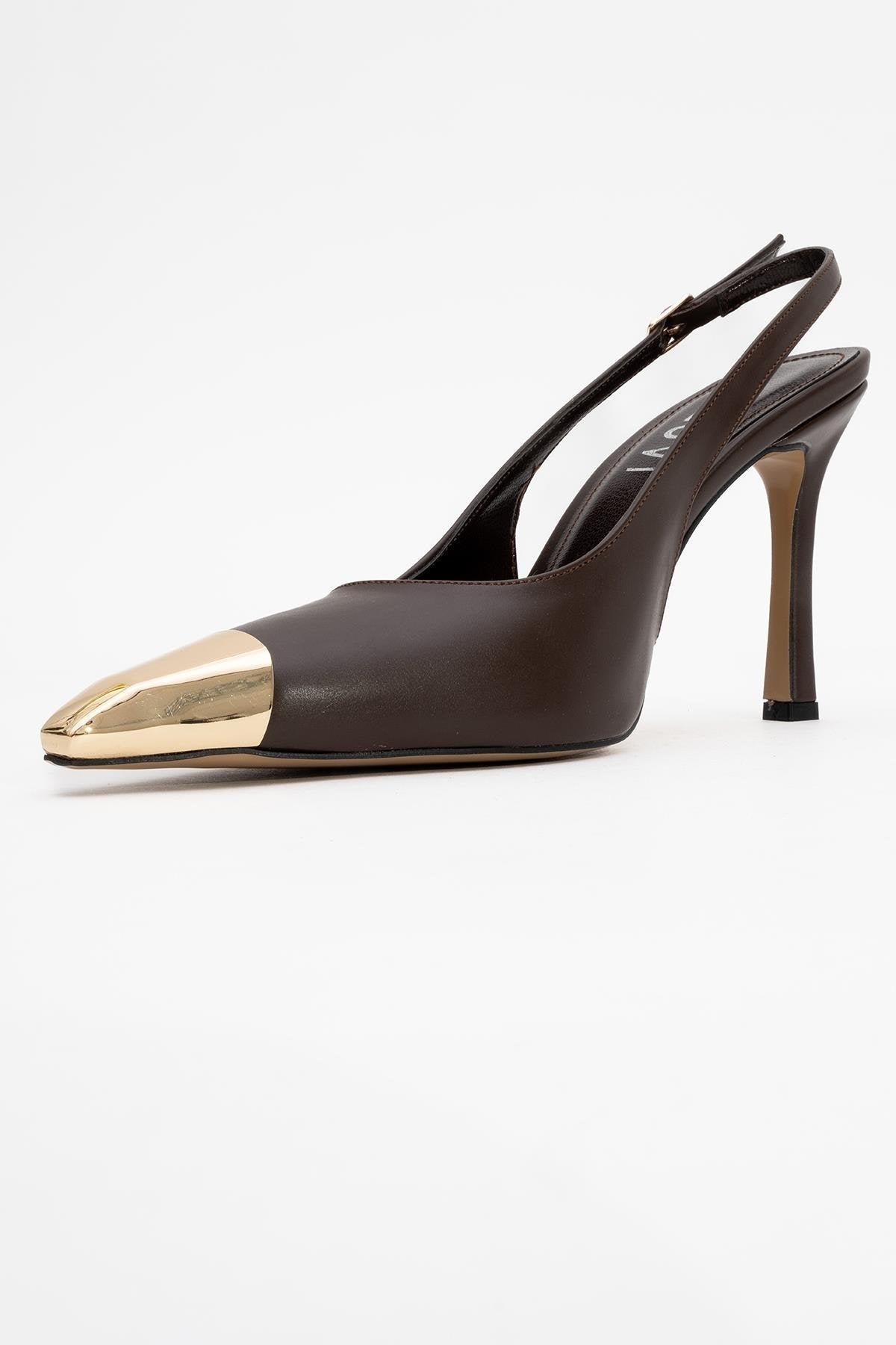 Flare - Brown Gold Detail Heeled Shoe – heel view showing leather, metallic, gold, Vowalisse