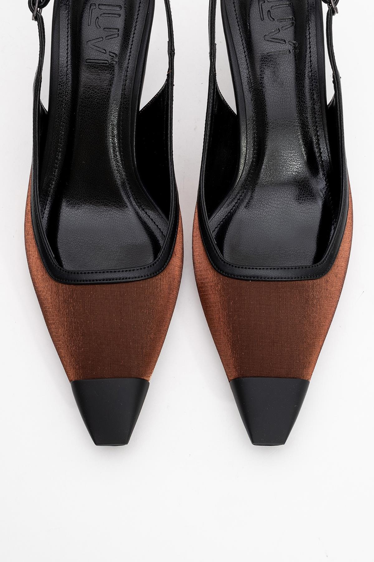 Alive - Copper Satin Matte Toe Detail Heeled Shoe – side view showing satin, leather, Vowalisse