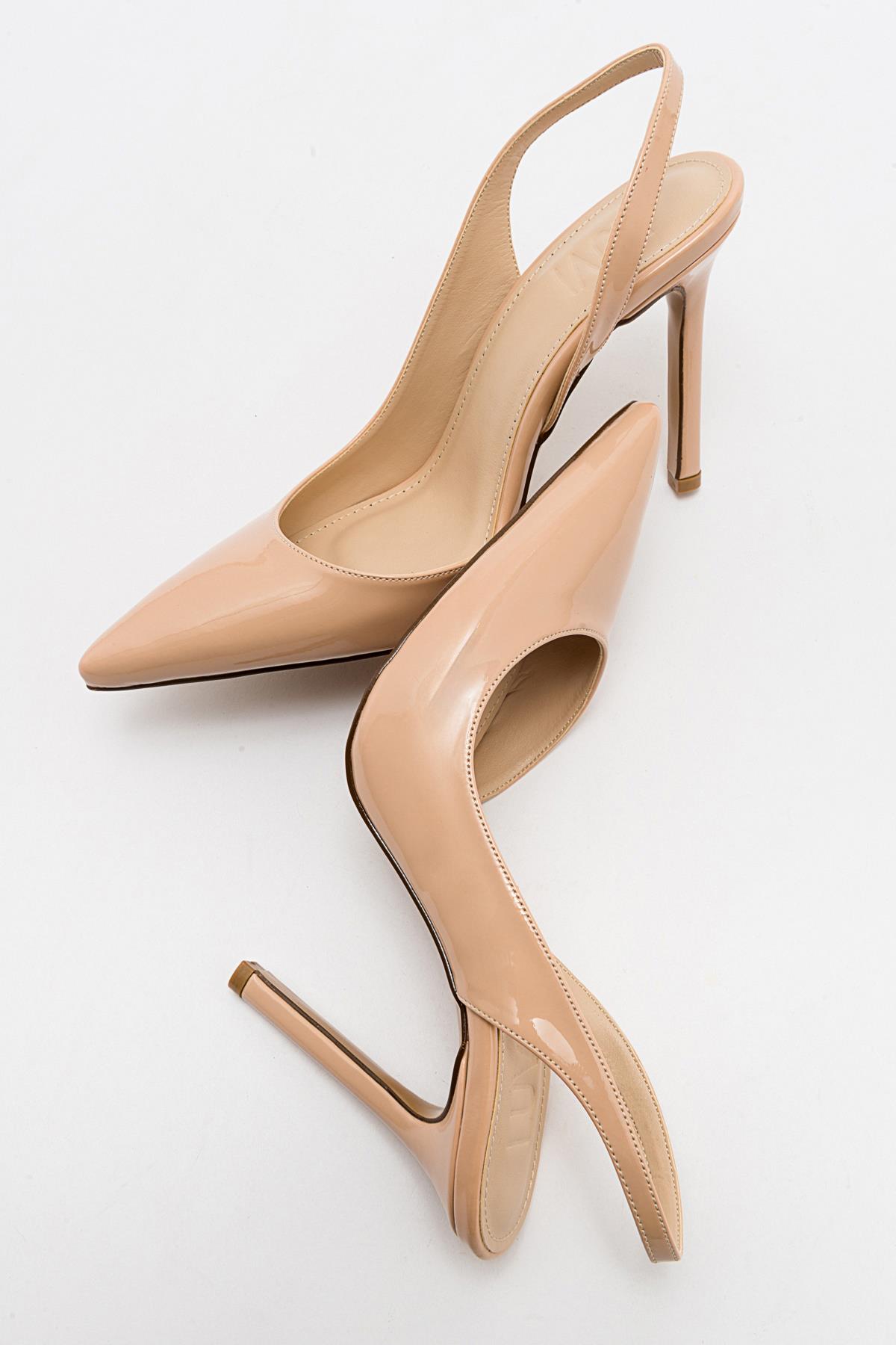 Twine - Beige Patent Heeled Shoe – back view showing leather, Vowalisse