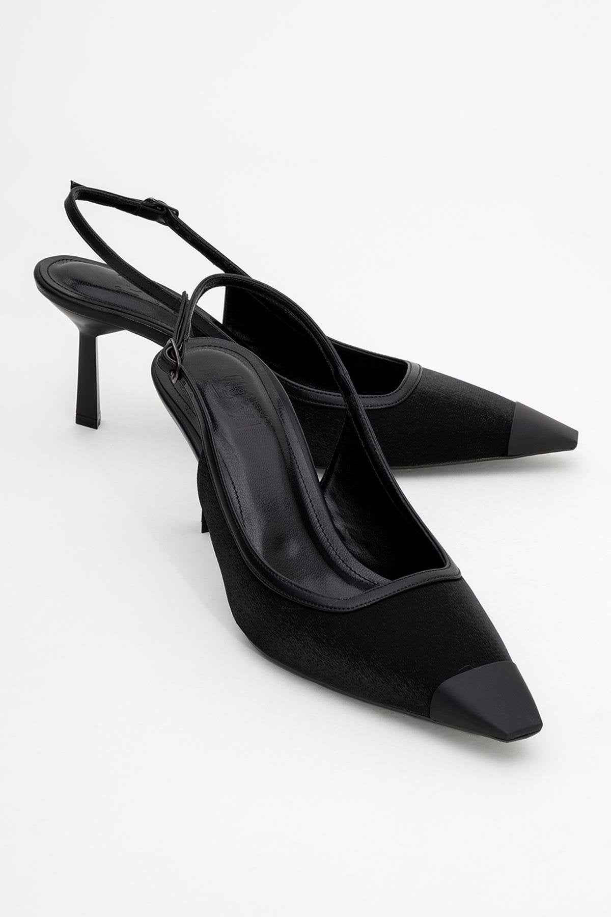 Alive - Black Satin Matte Toe Detail Heeled Shoe – front three-quarter view showing satin, leather, black, Vowalisse