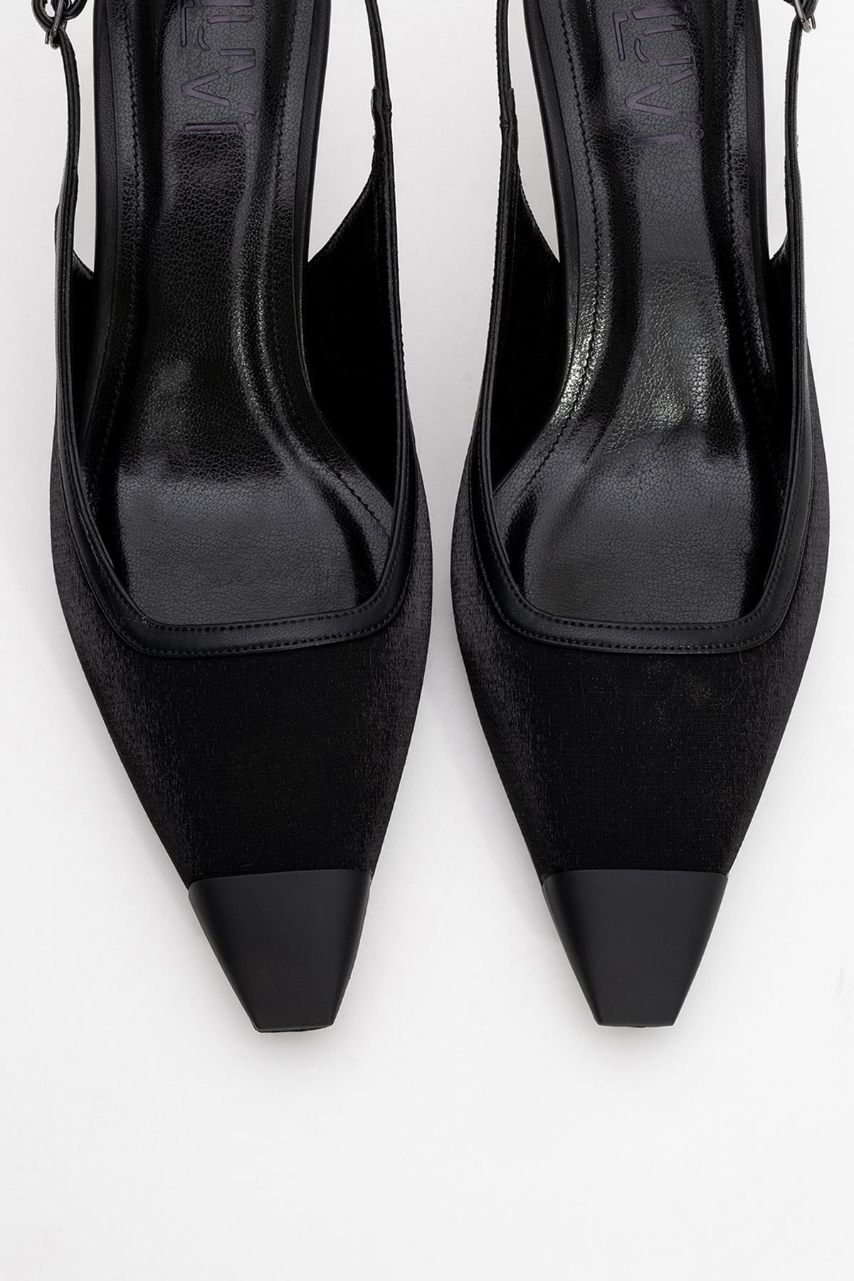 Alive - Black Satin Matte Toe Detail Heeled Shoe – side view showing satin, leather, black, Vowalisse