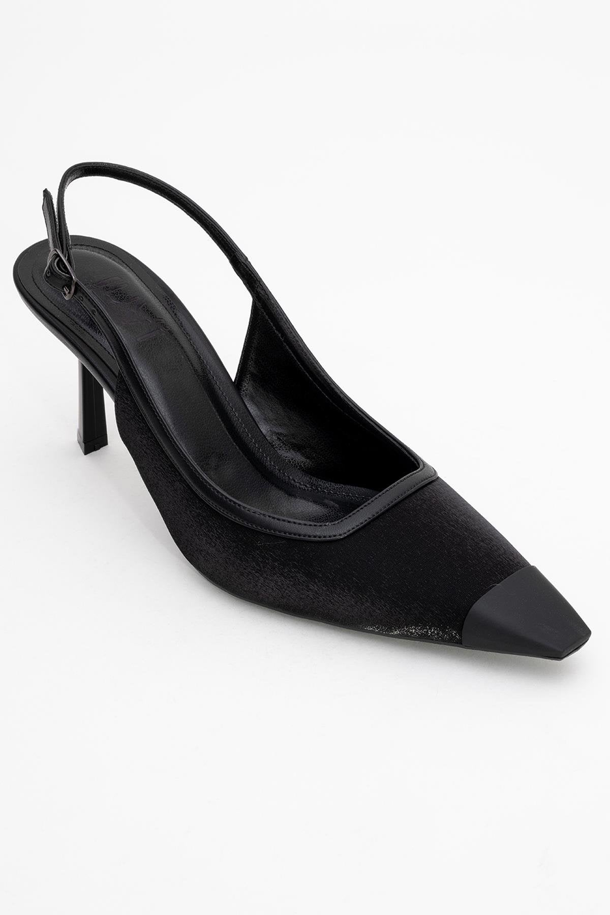 Alive - Black Satin Matte Toe Detail Heeled Shoe – detail view showing satin, leather, black, Vowalisse