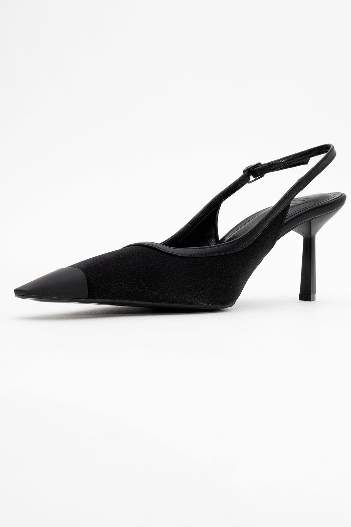 Alive - Black Satin Matte Toe Detail Heeled Shoe – heel view showing satin, leather, black, Vowalisse