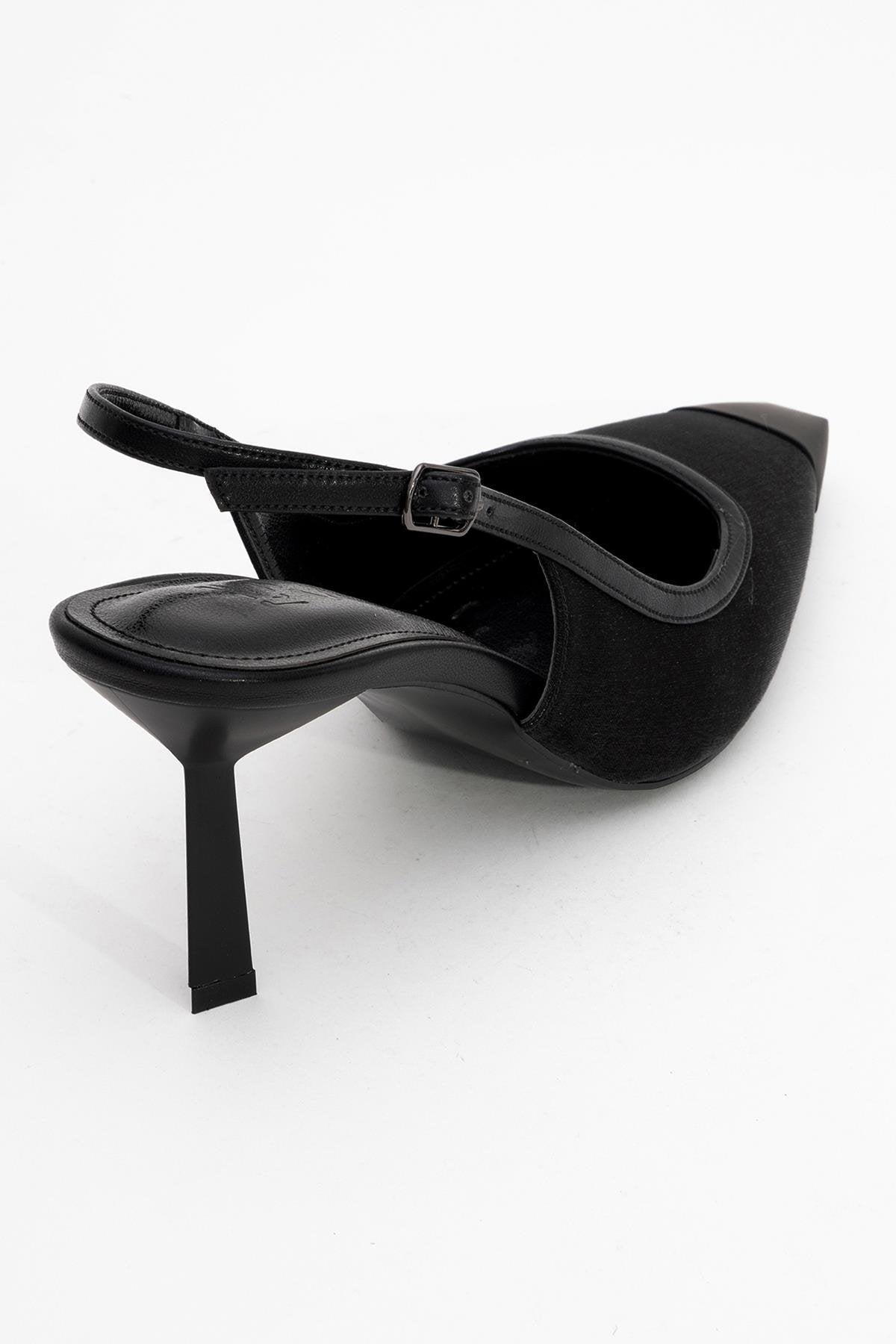 Alive - Black Satin Matte Toe Detail Heeled Shoe – back view showing satin, leather, black, Vowalisse
