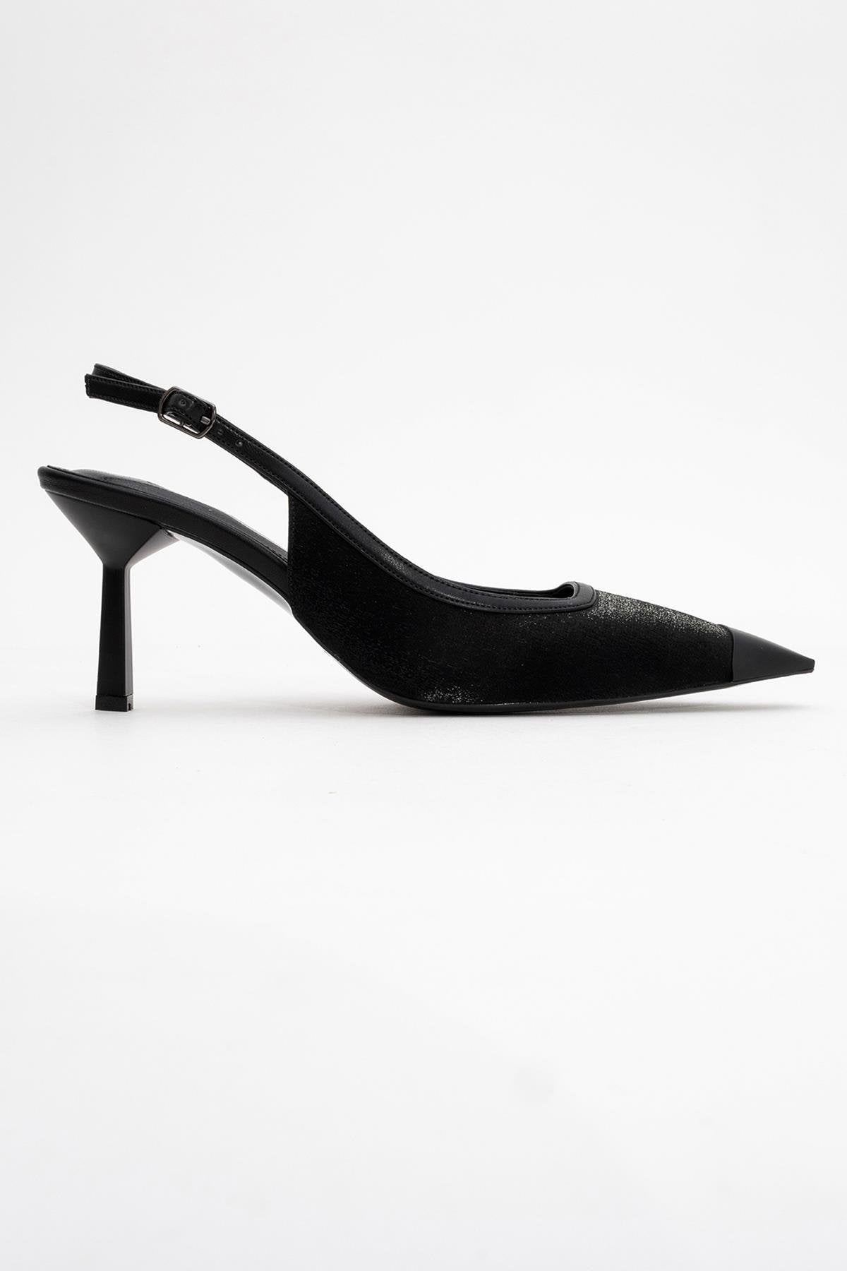 Alive - Black Satin Matte Toe Detail Heeled Shoe – top view showing satin, leather, black, Vowalisse
