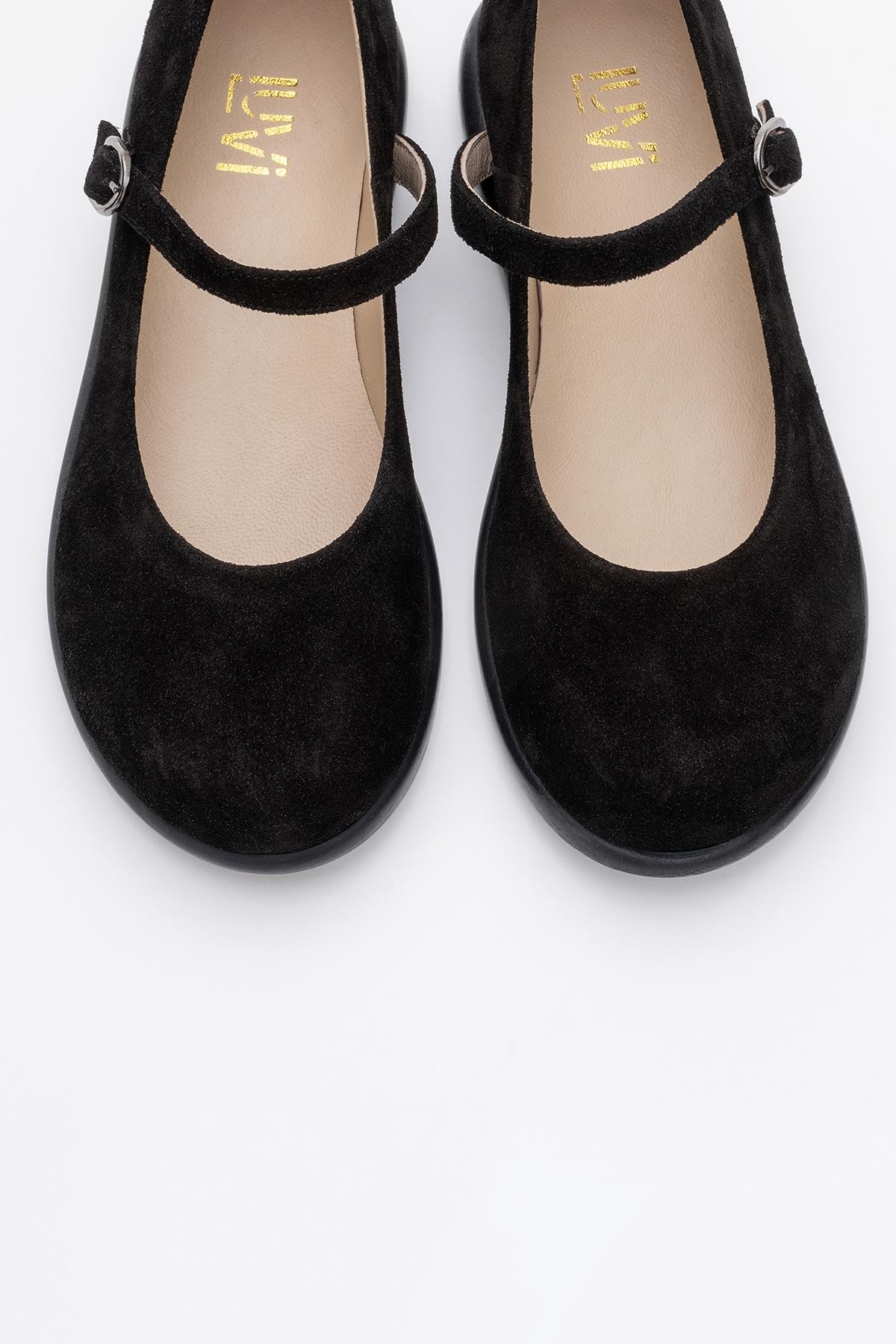 ANISA Black Suede Leather Strap Flat – side view showing leather, suede, black, Vowalisse
