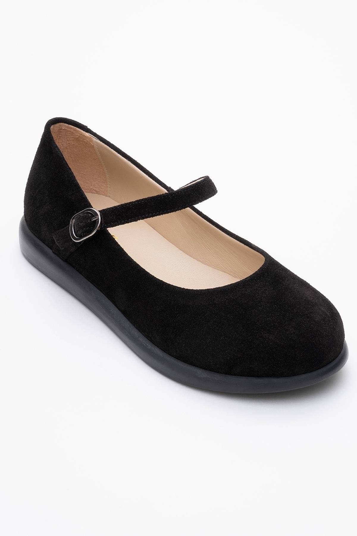 ANISA Black Suede Leather Strap Flat – detail view showing leather, suede, black, Vowalisse