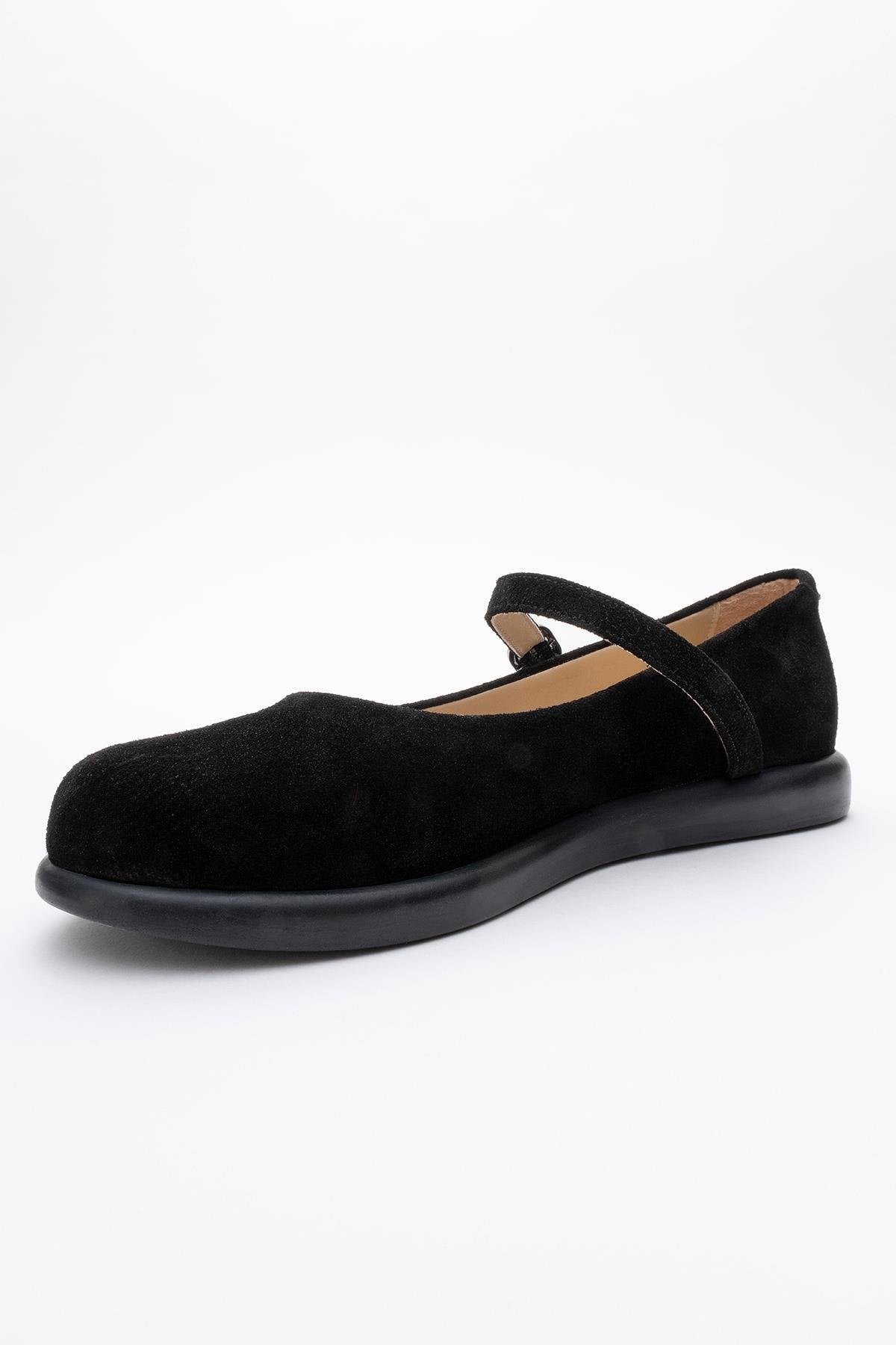 ANISA Black Suede Leather Strap Flat – heel view showing leather, suede, black, Vowalisse