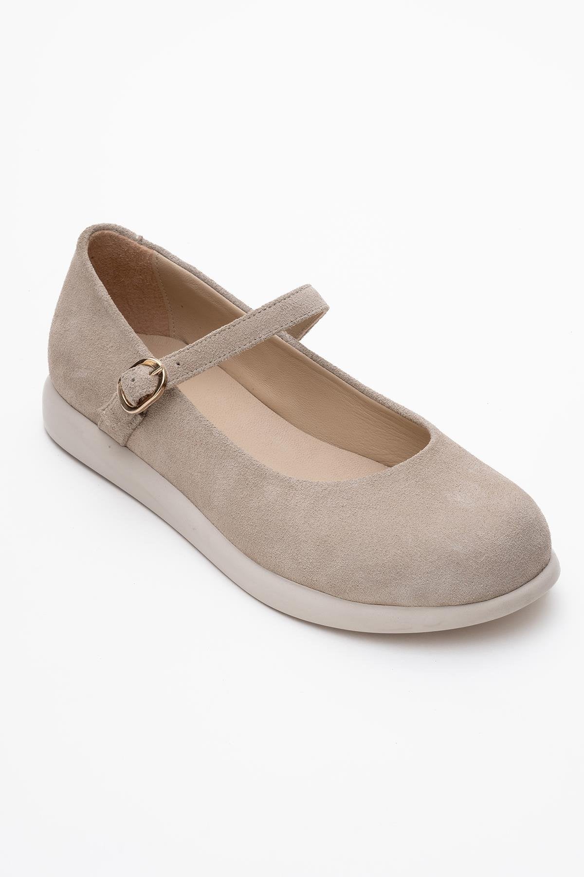 ANISA Beige Suede Leather Strap Flat – detail view showing leather, suede, Vowalisse
