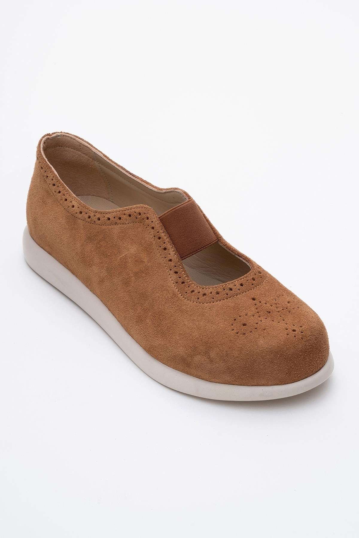 CHELLE Cognac Brown Suede Elastic Leather Flat – detail view showing leather, suede, Vowalisse