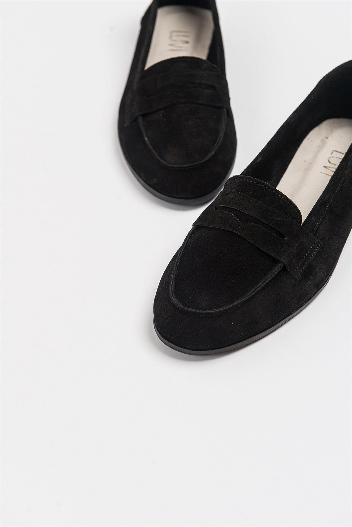 Dorothy - Black Suede Leather Loafers – side view showing leather, suede, black, Vowalisse