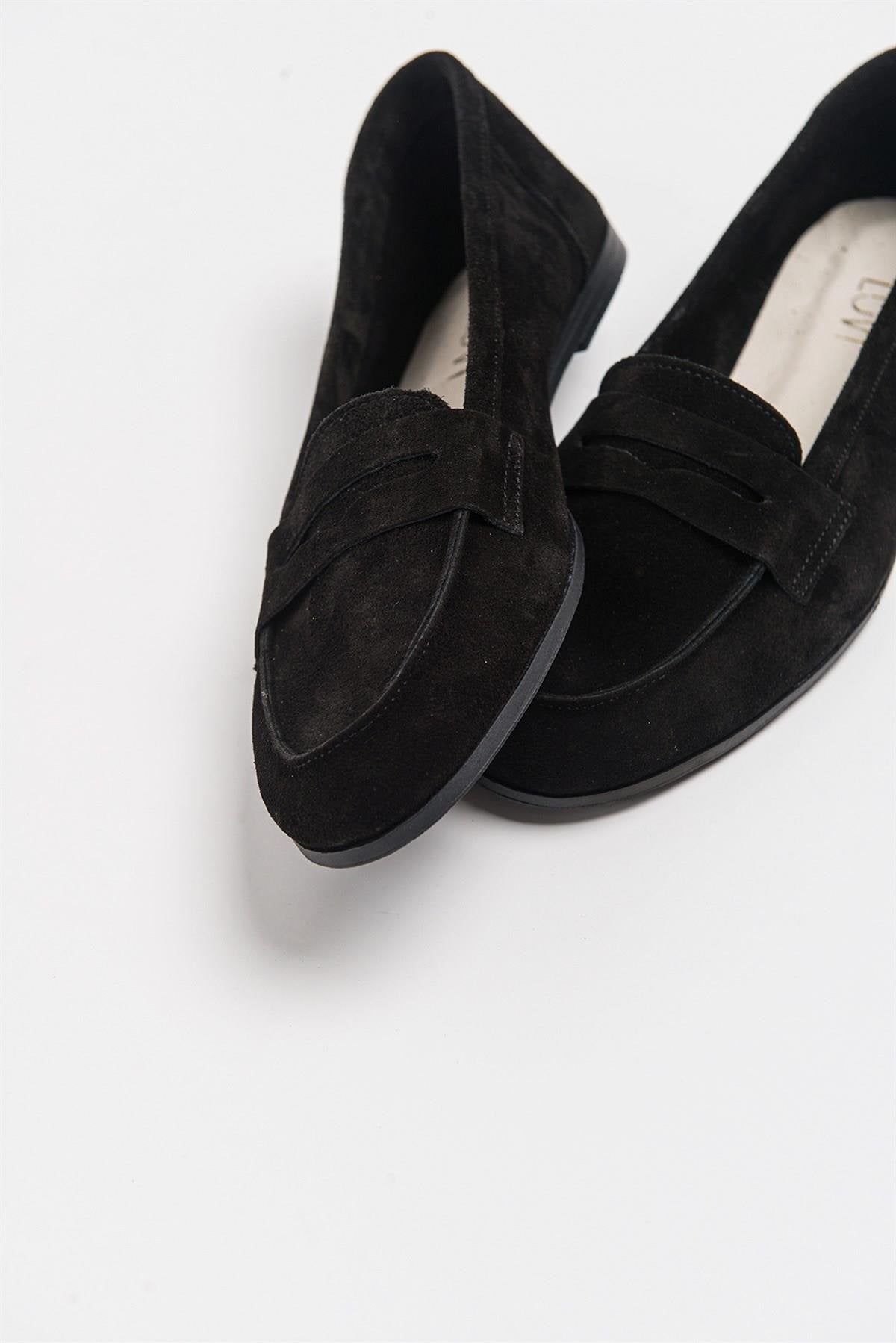Dorothy - Black Suede Leather Loafers – heel view showing leather, suede, black, Vowalisse