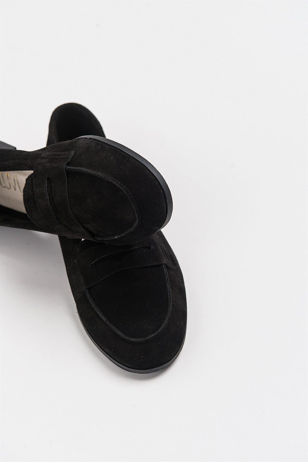 Dorothy - Black Suede Leather Loafers – back view showing leather, suede, black, Vowalisse