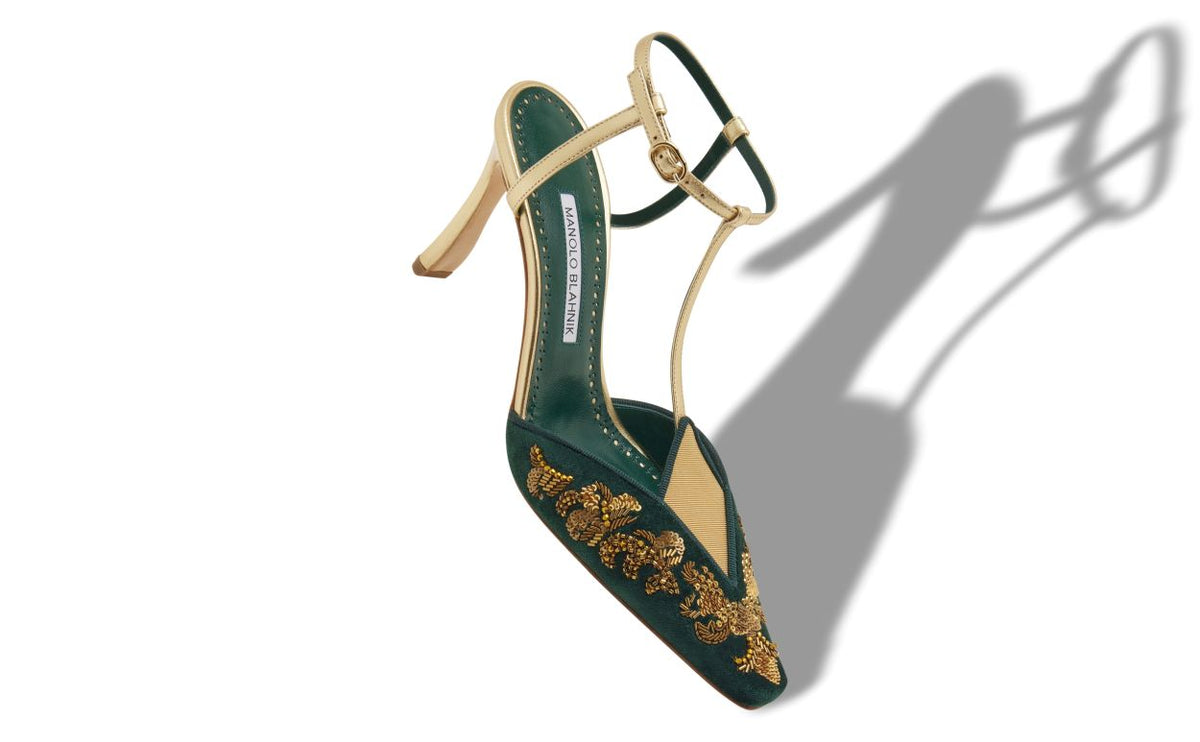Lunette Star Gold T-Bar T-Bar Shoes – front three-quarter view showing gold t-bar, ankle strap, almond toe, nappa leather…