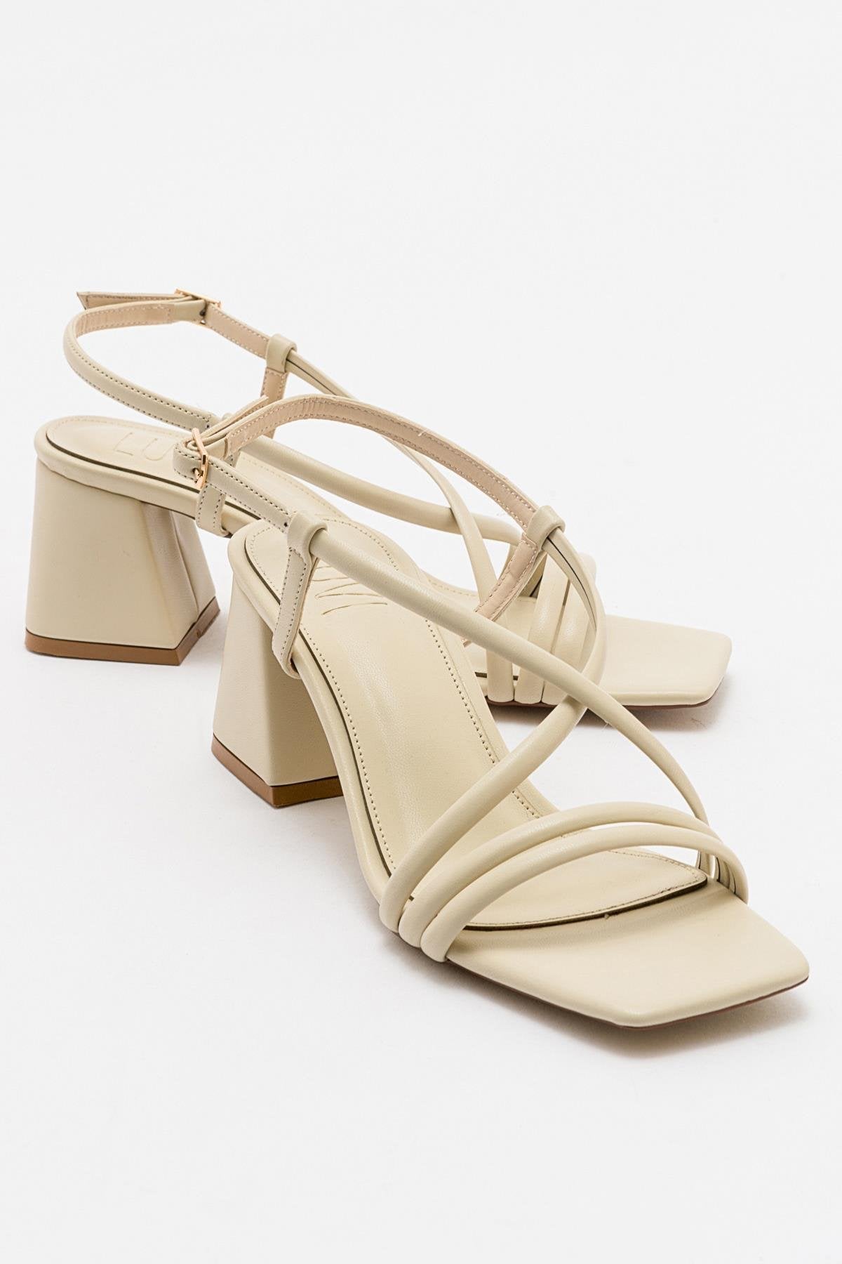 Daisy - Beige Heeled Shoe – front three-quarter view showing leather, Vowalisse