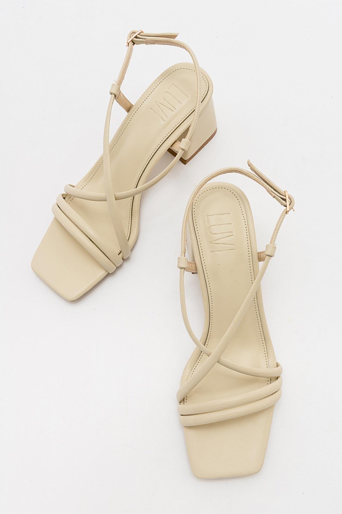 Daisy - Beige Heeled Shoe – side view showing leather, Vowalisse