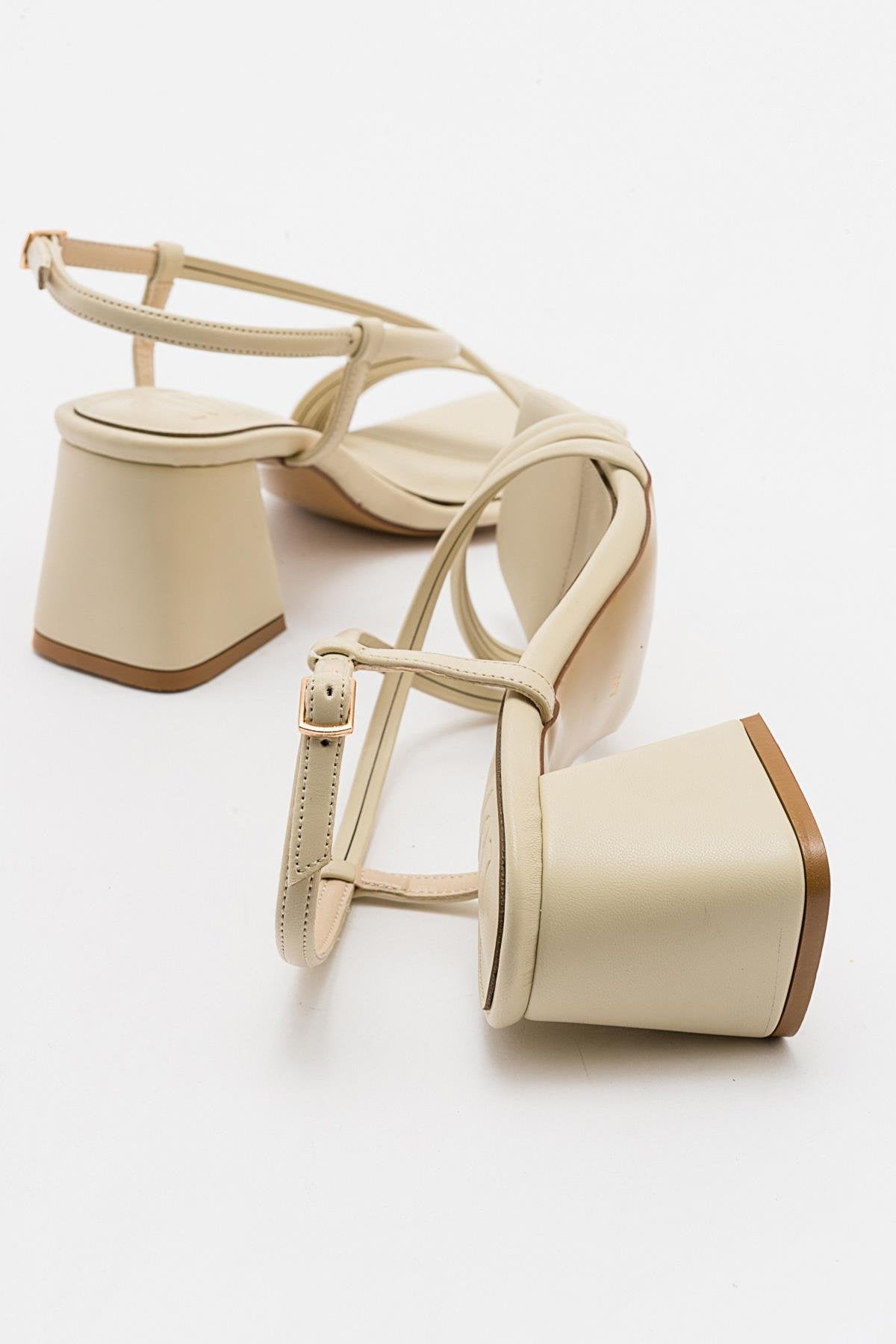 Daisy - Beige Heeled Shoe – detail view showing leather, Vowalisse