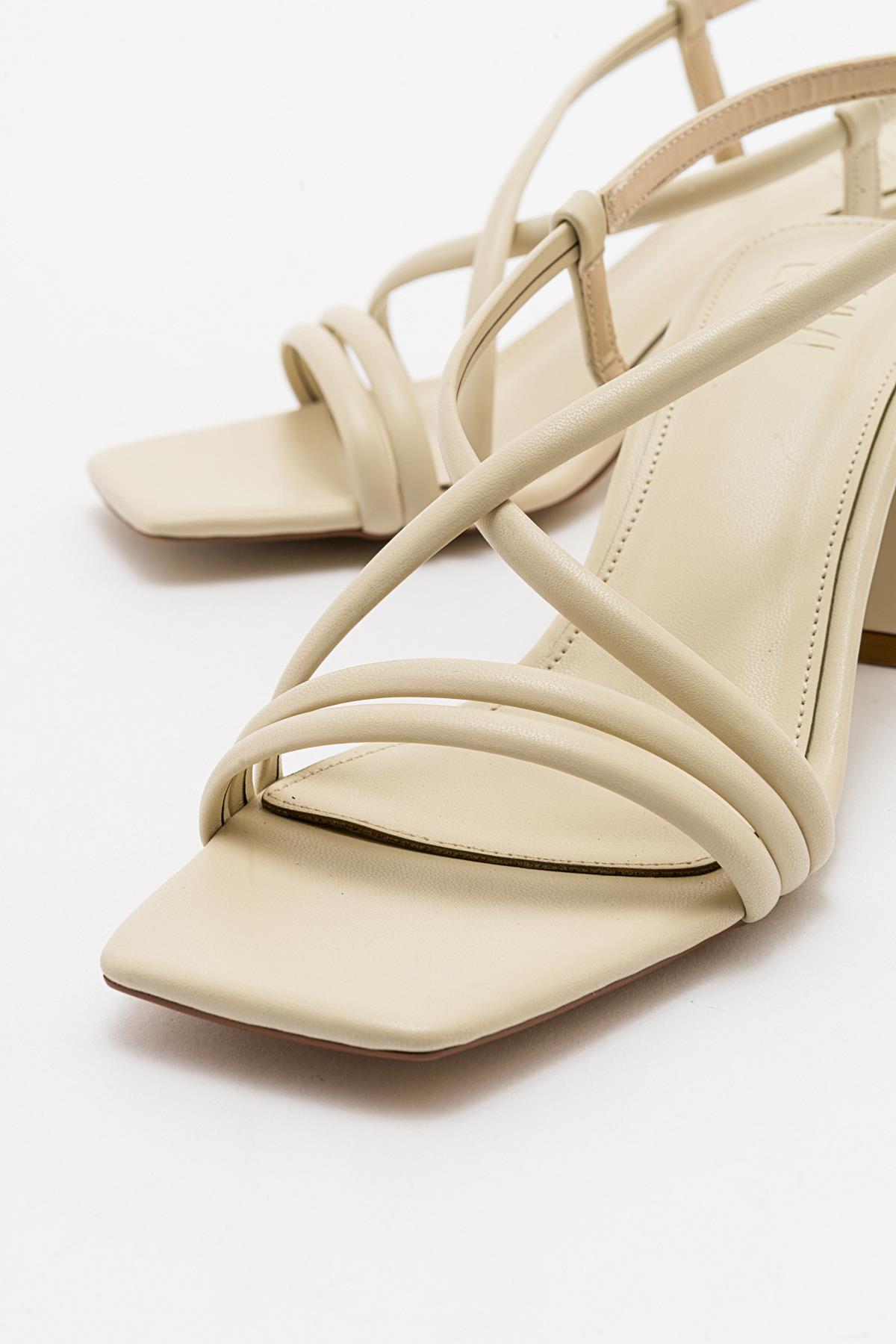Daisy - Beige Heeled Shoe – heel view showing leather, Vowalisse