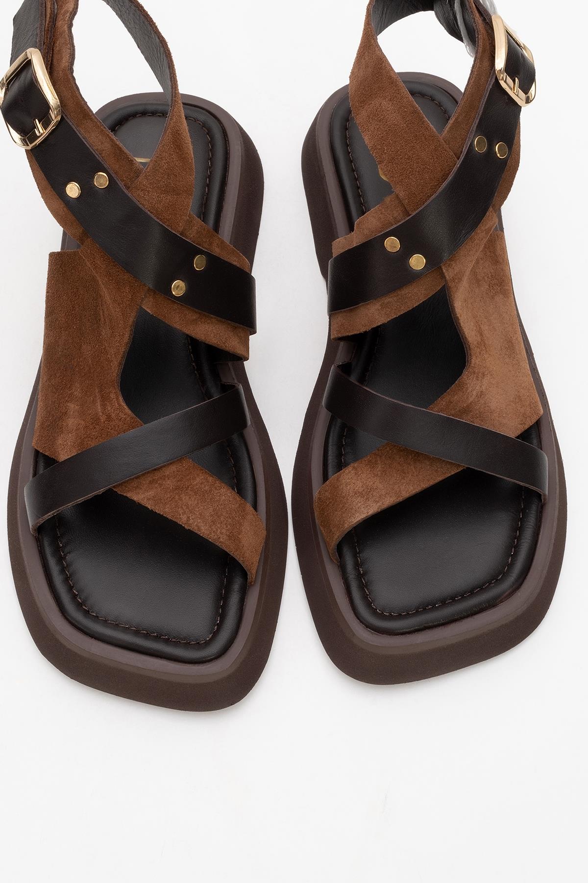 Minnea - Brown Suede Leather Sandal – side view showing leather, suede, Vowalisse
