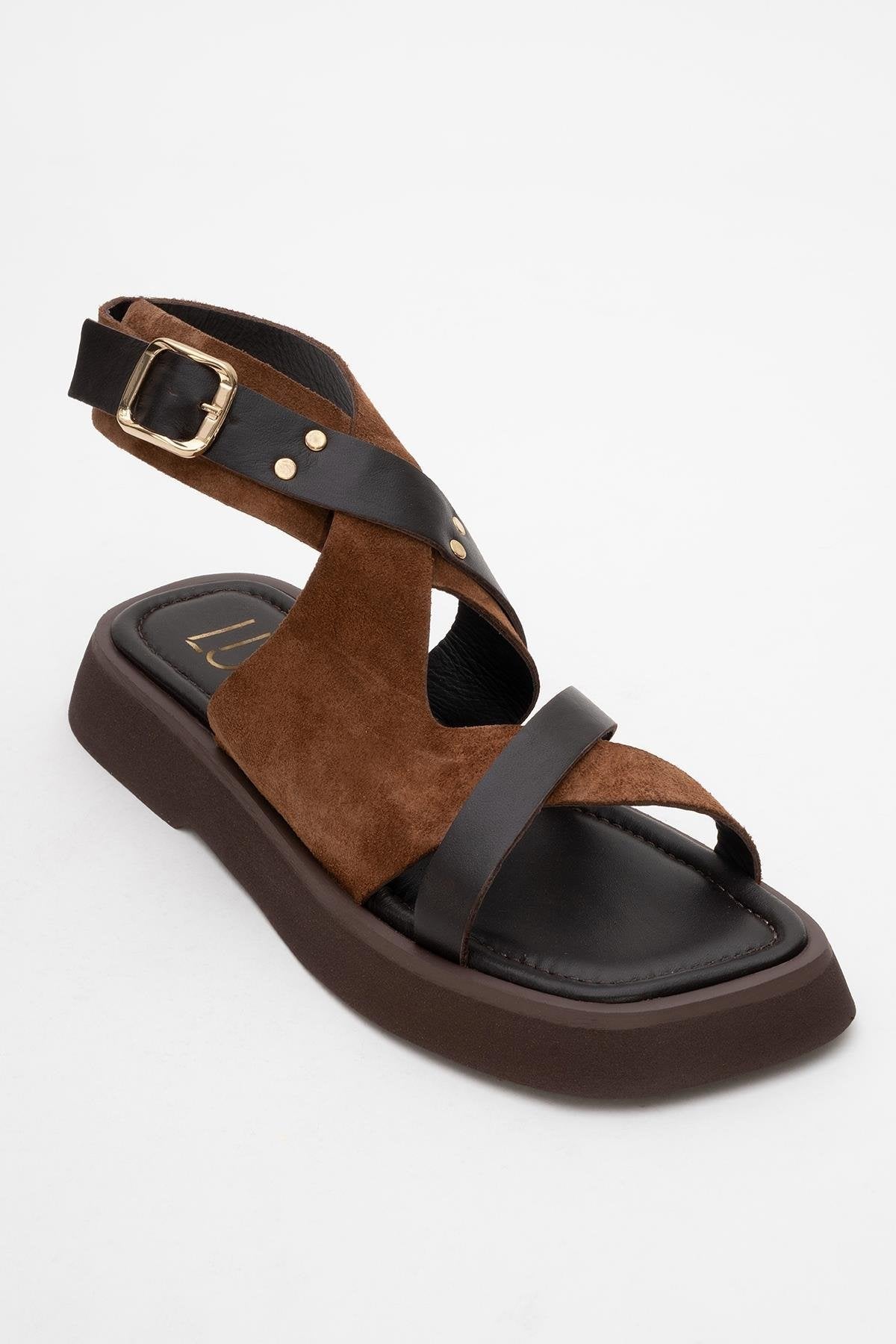 Minnea - Brown Suede Leather Sandal – detail view showing leather, suede, Vowalisse